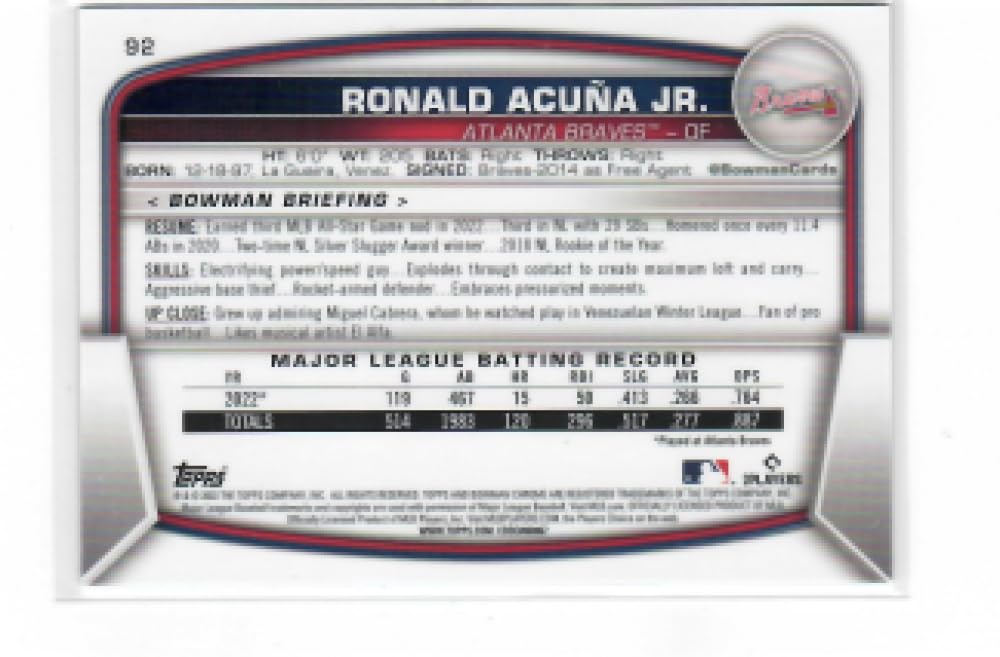 2023 Bowman Chrome Mega Box Mojo Refractor Aqua #92 Ronald Acuna Jr. /225 Atlanta Braves Baseball NM-MT M49771