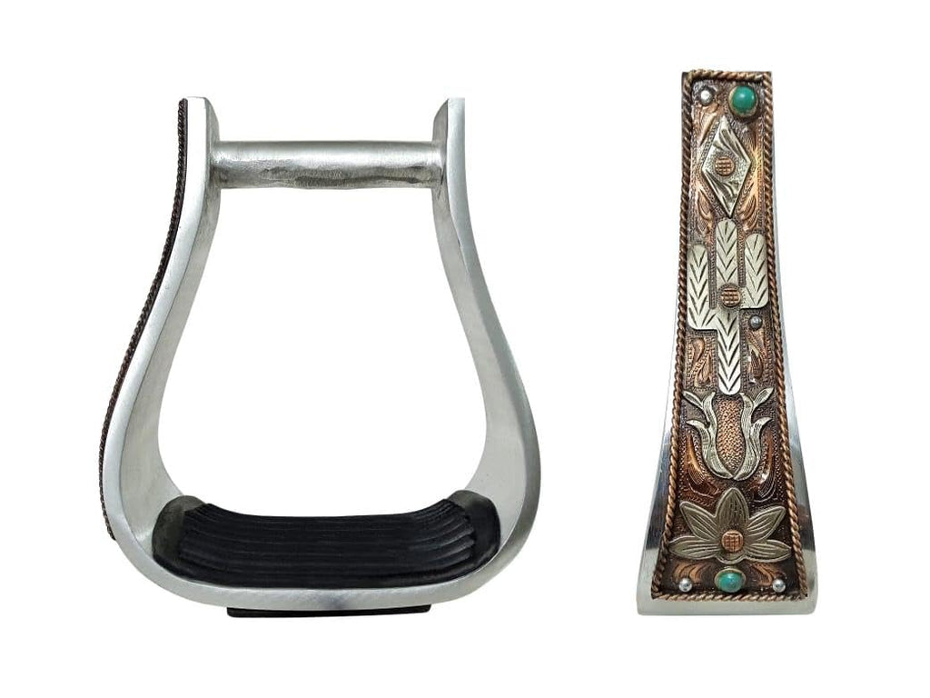 5" Aluminum Antique Copper Engraved Western Saddle Stirrups J3941