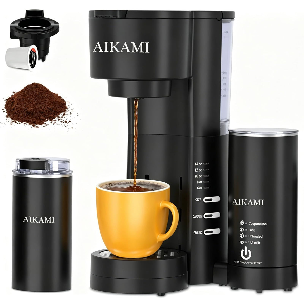 4 IN 1 Single Serve Coffee Maker with Milk Frother and Coffee Grinder J569