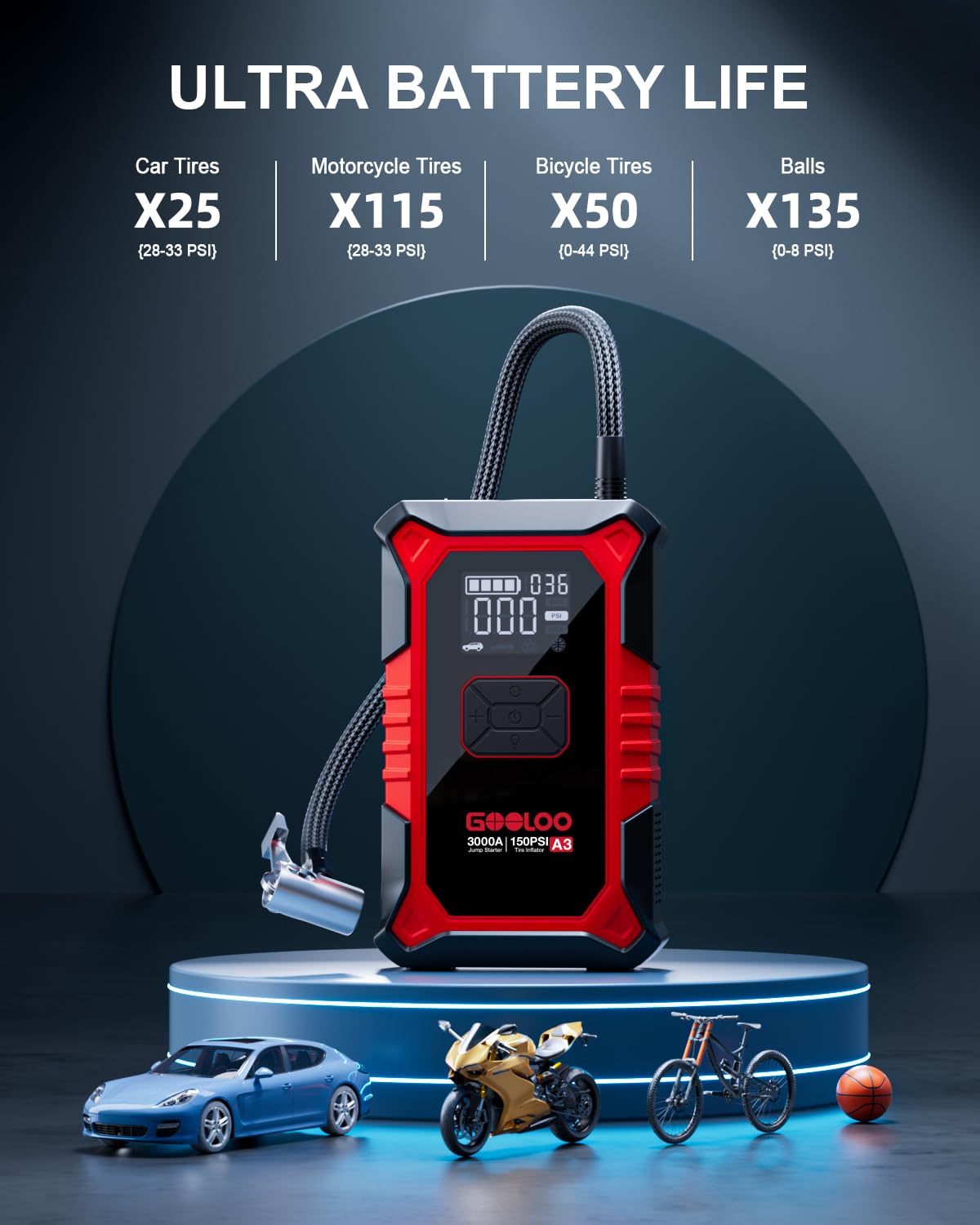 12V 3000A Portable Jump Starter with Air Compressor E97750