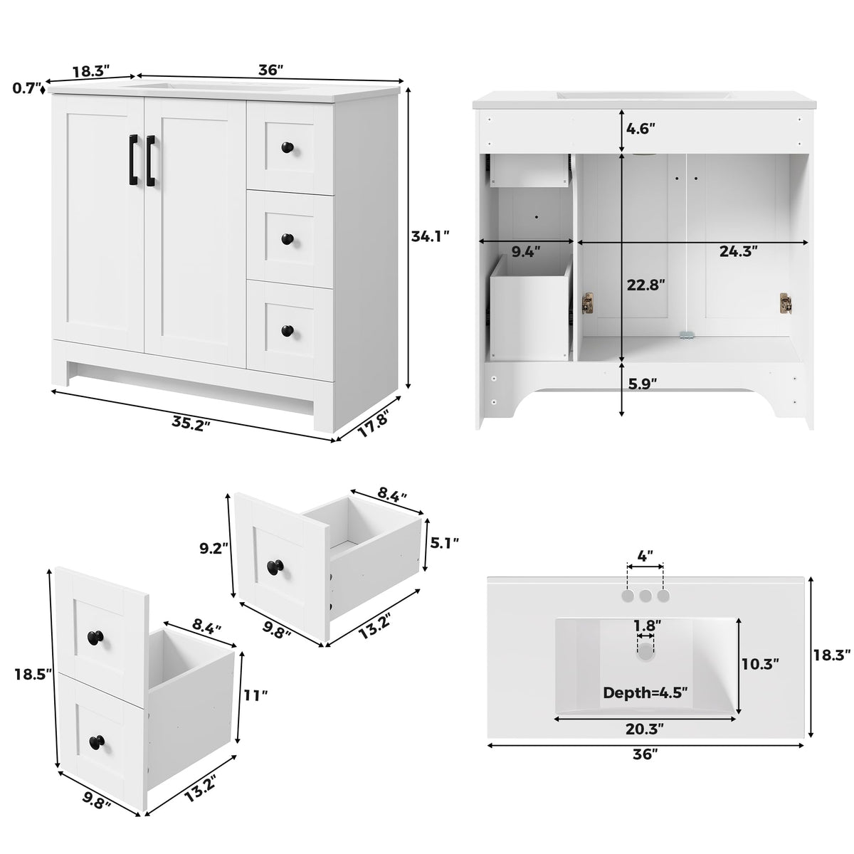 36" White Bathroom Vanity with Sink, 2 Soft-Close Drawers & Doors C87506