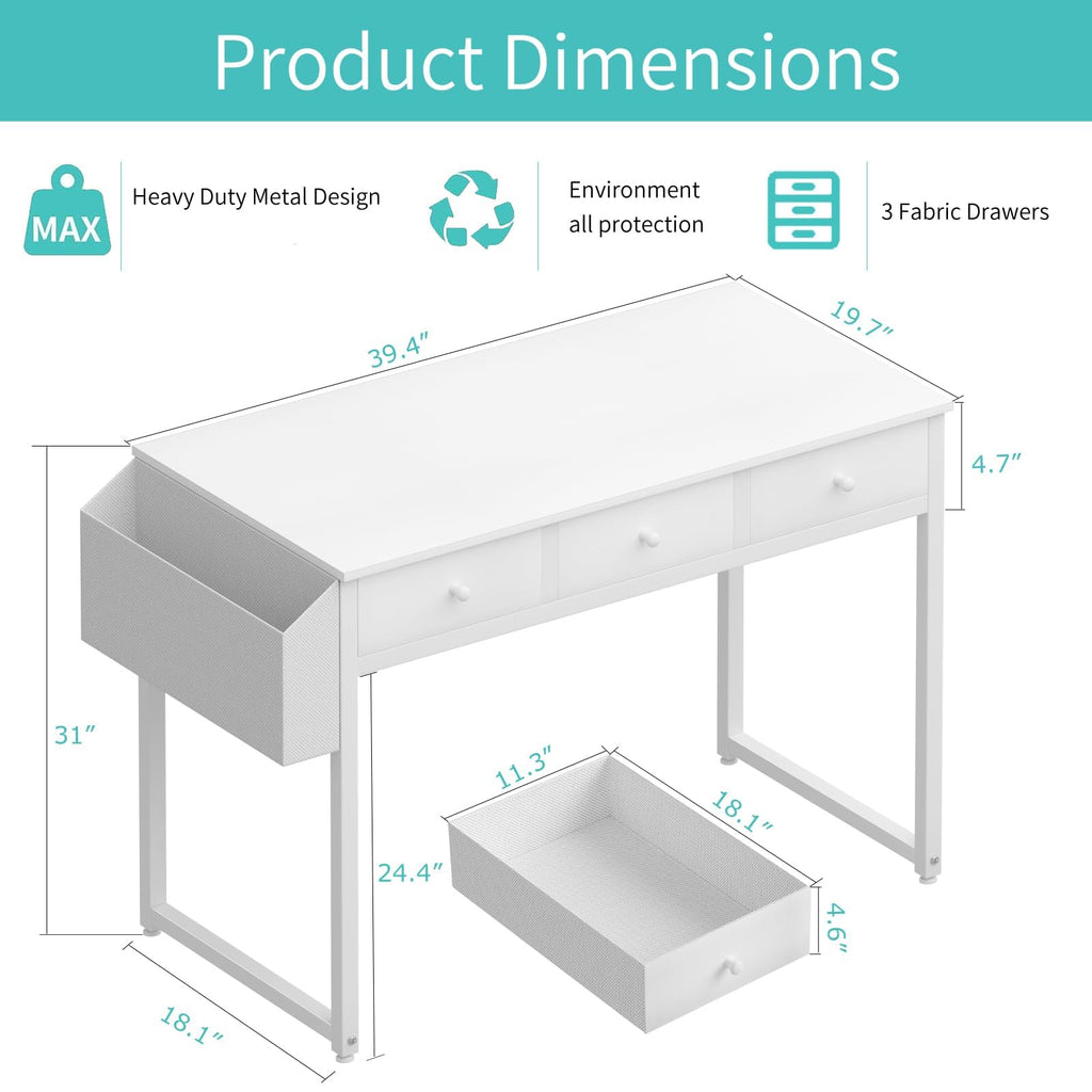 White 40 Inch Computer Desk with Drawers E8582