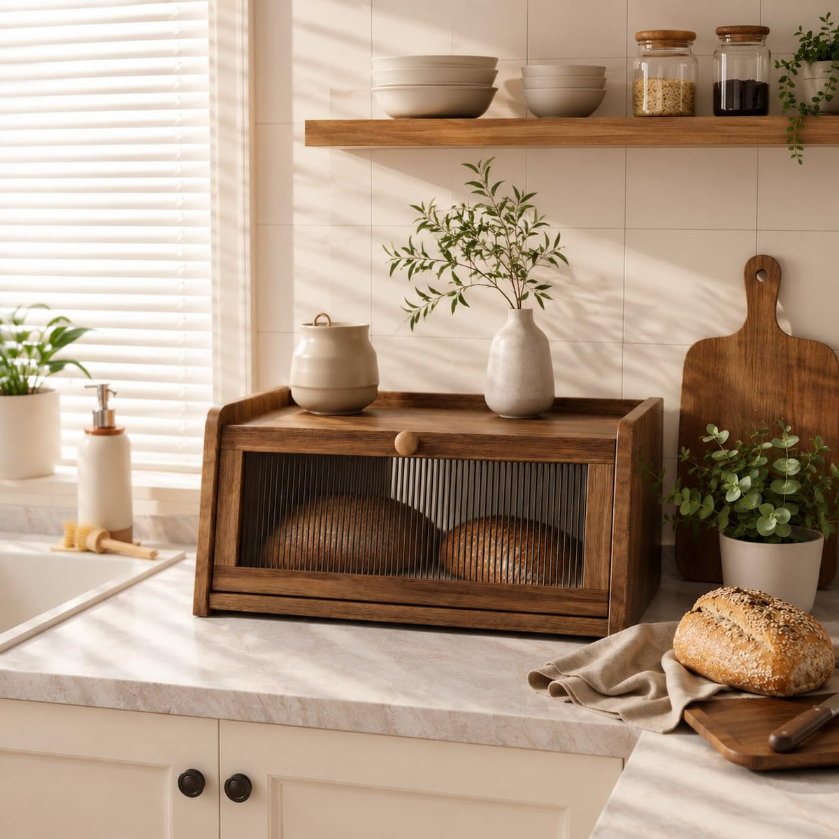 Acacia Wood Bread Box with Acrylic Window Y120711