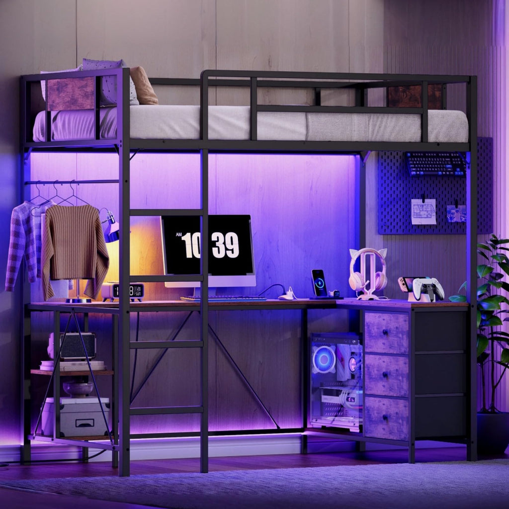 Twin Size Metal Loft Bed with L-Shaped Desk, 3 Storage Drawers, LED Light & Ladder Z277