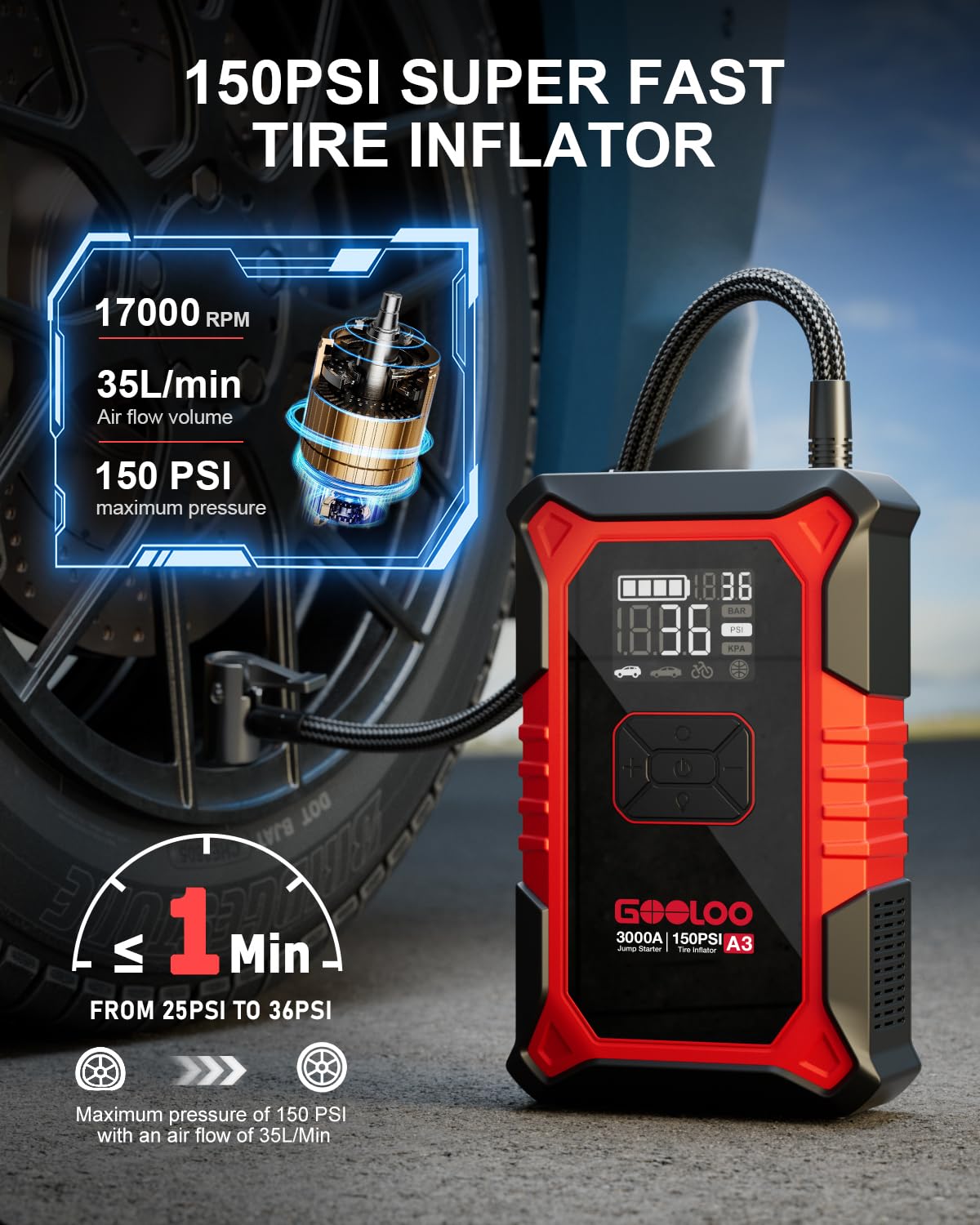 12V 3000A Portable Jump Starter with Air Compressor E97750
