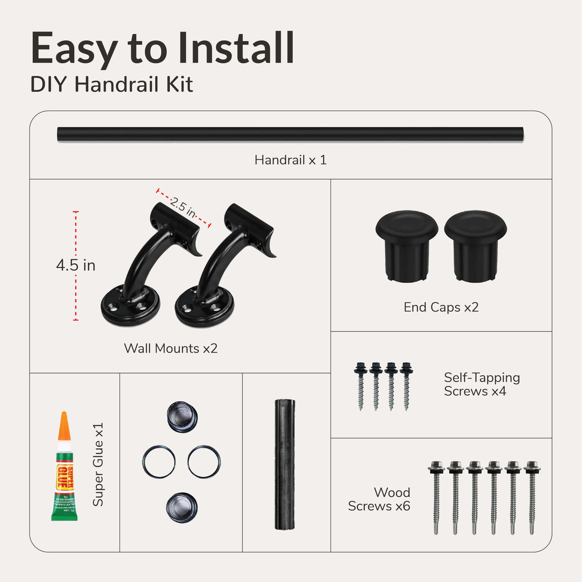 6FT Black Aluminum Stair Handrail Kit N981