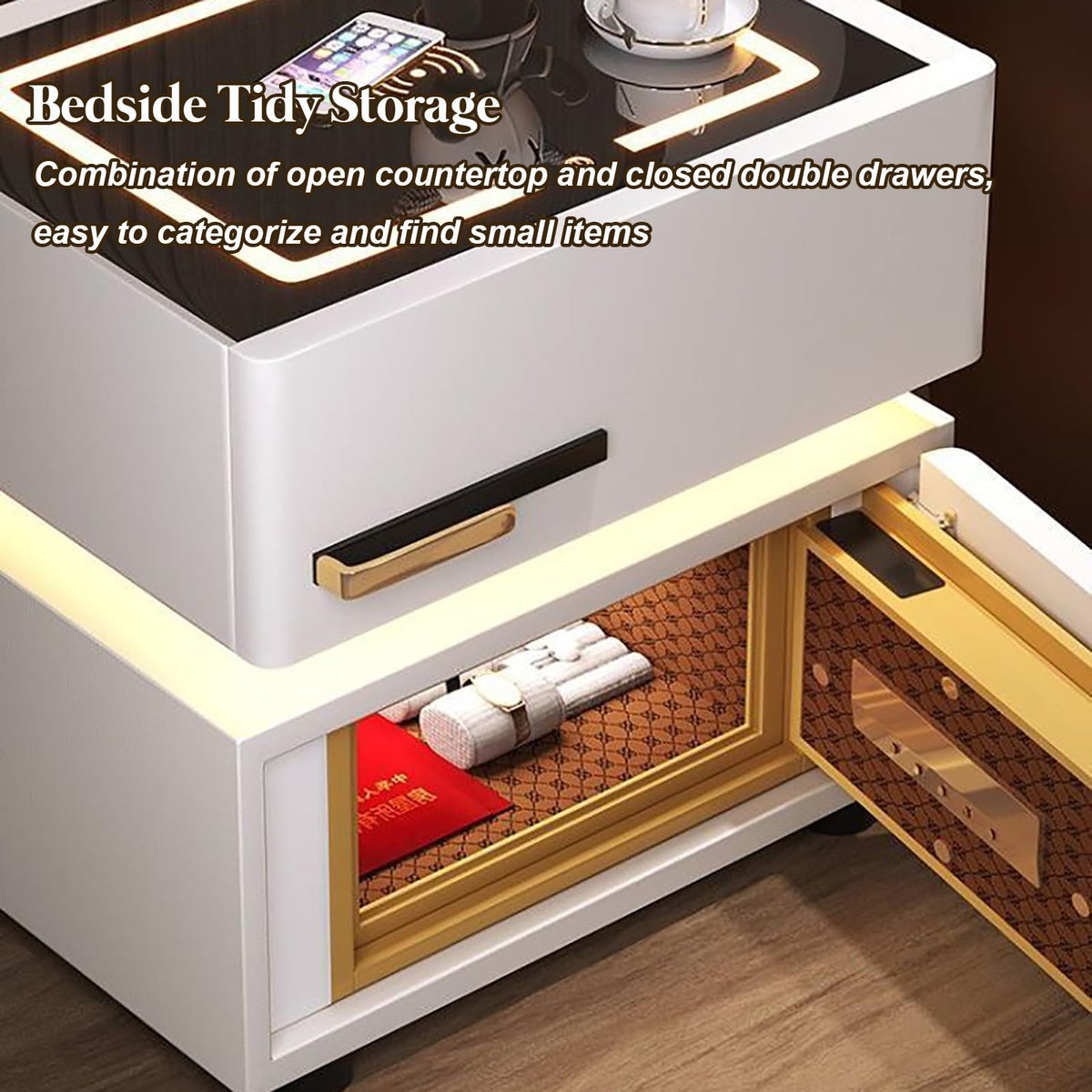 Light Gray Nightstand with Wireless Charging and Drawers D239