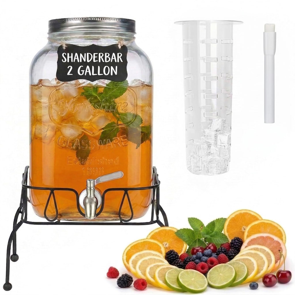 2 Gallon Glass Drink Dispenser with Stand and Lid Q360