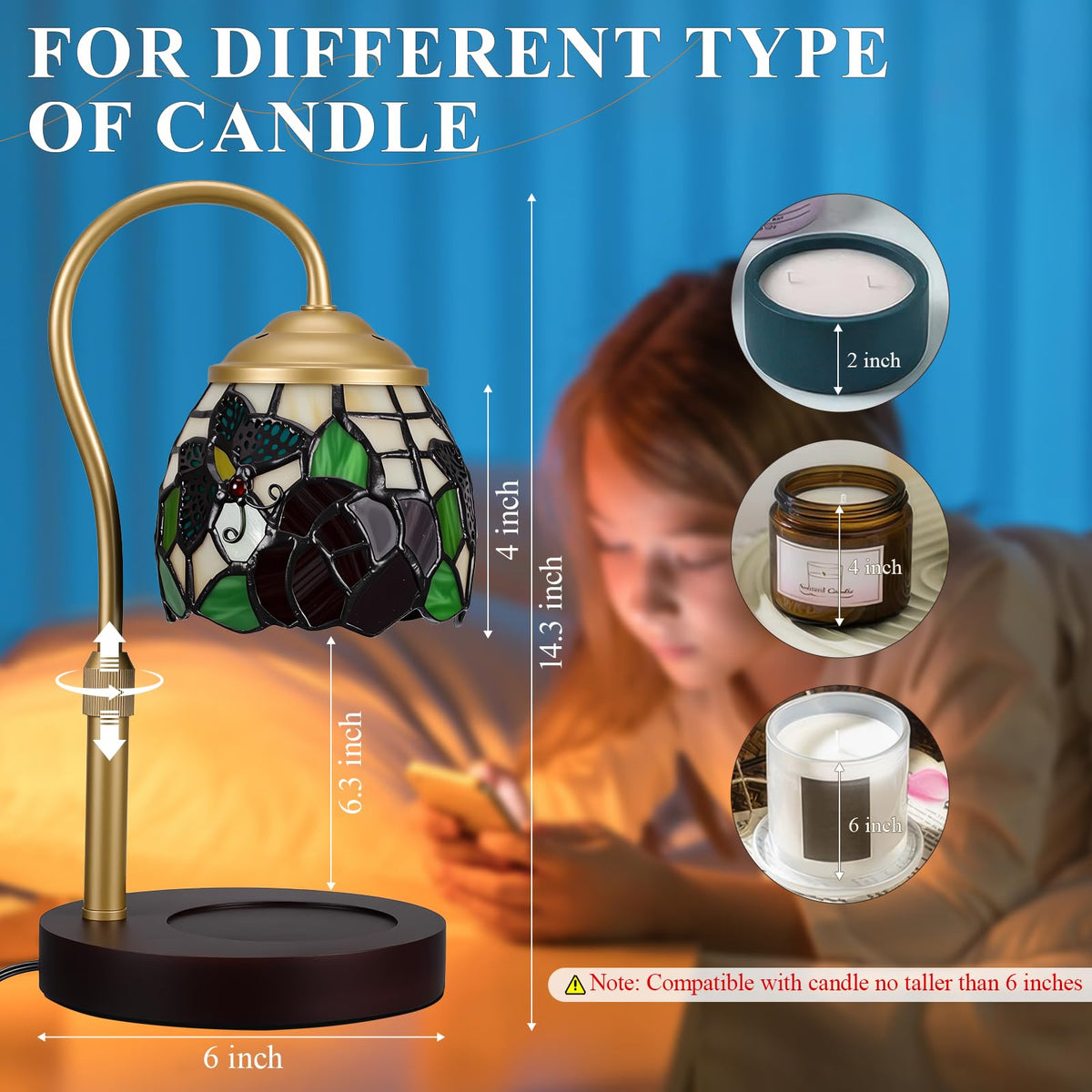 Candle Warmer Lamp with Timer Dimmer, Stained Glass, 2 Bulbs H62865