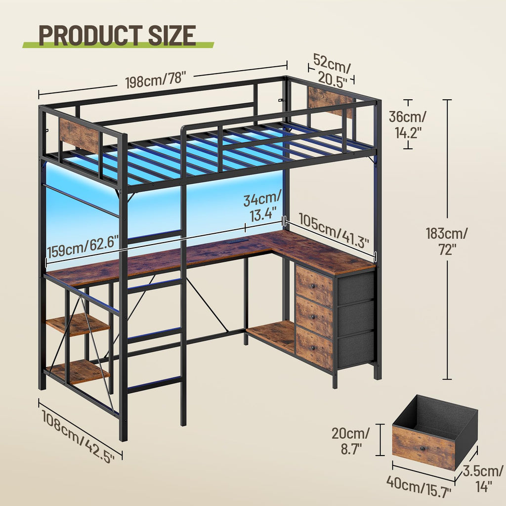 Twin Size Metal Loft Bed with L-Shaped Desk, 3 Storage Drawers, LED Light & Ladder Z277