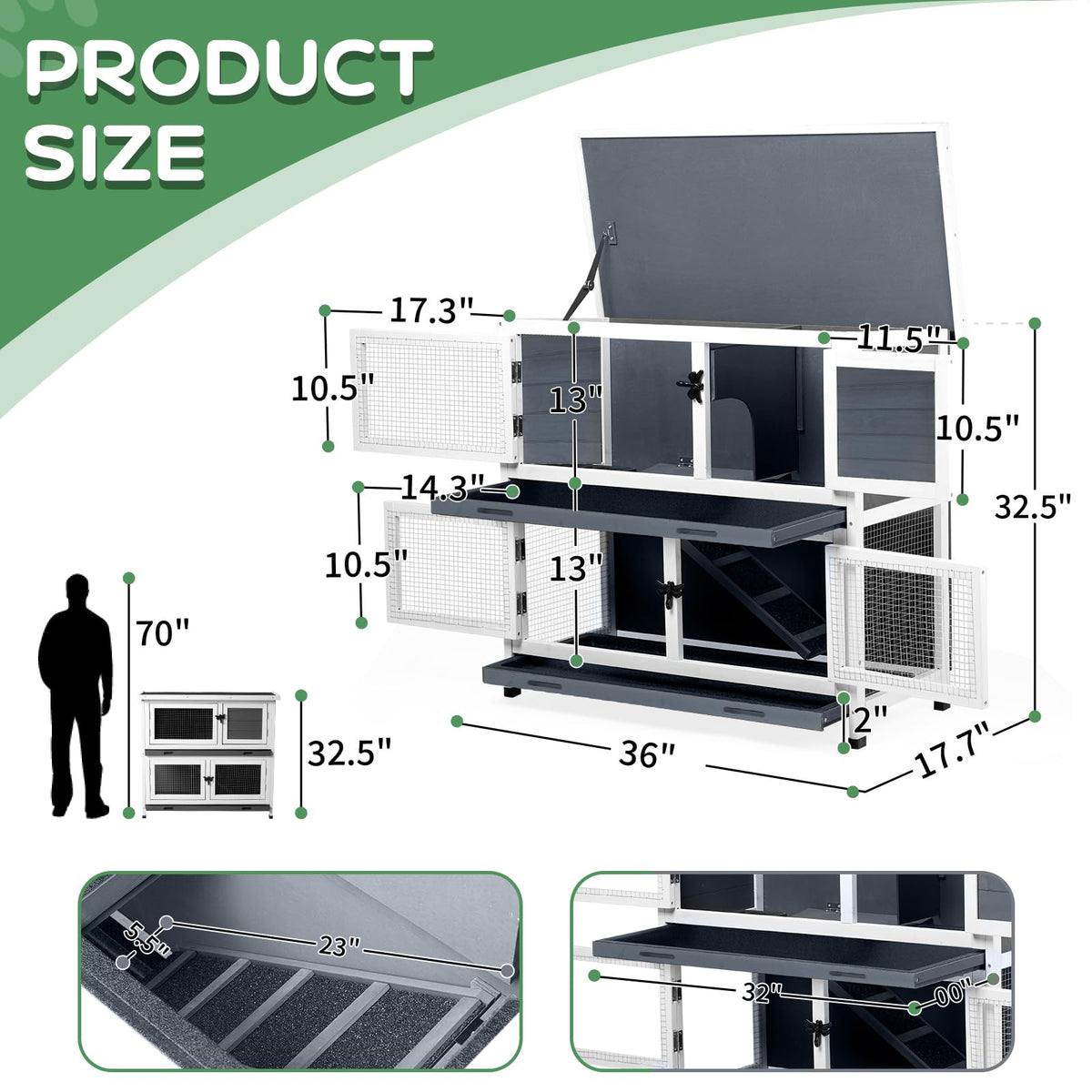 2 Story Solid Wood Rabbit Hutch with Removable Tray S65657
