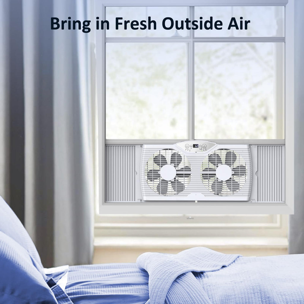 Twin Window Fan, 9-Inch Blades Reversible Airflow, Thermostat Control, 3 Speeds, 23.5"-37" Expandable Width X31684