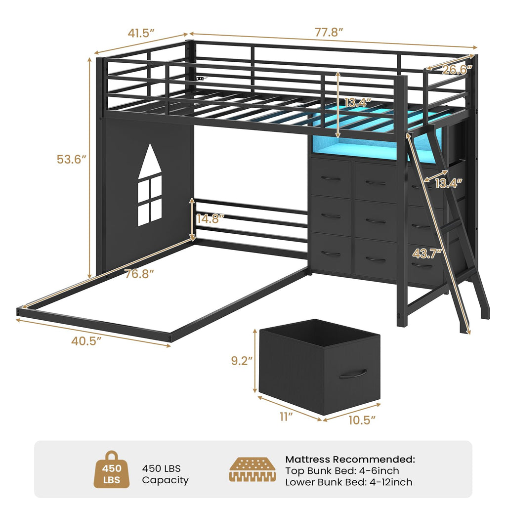 Twin Over Twin L-Shaped Bunk Bed with 9 Storage Drawers, LED Lights, Guardrail & Ladder, Black O18962