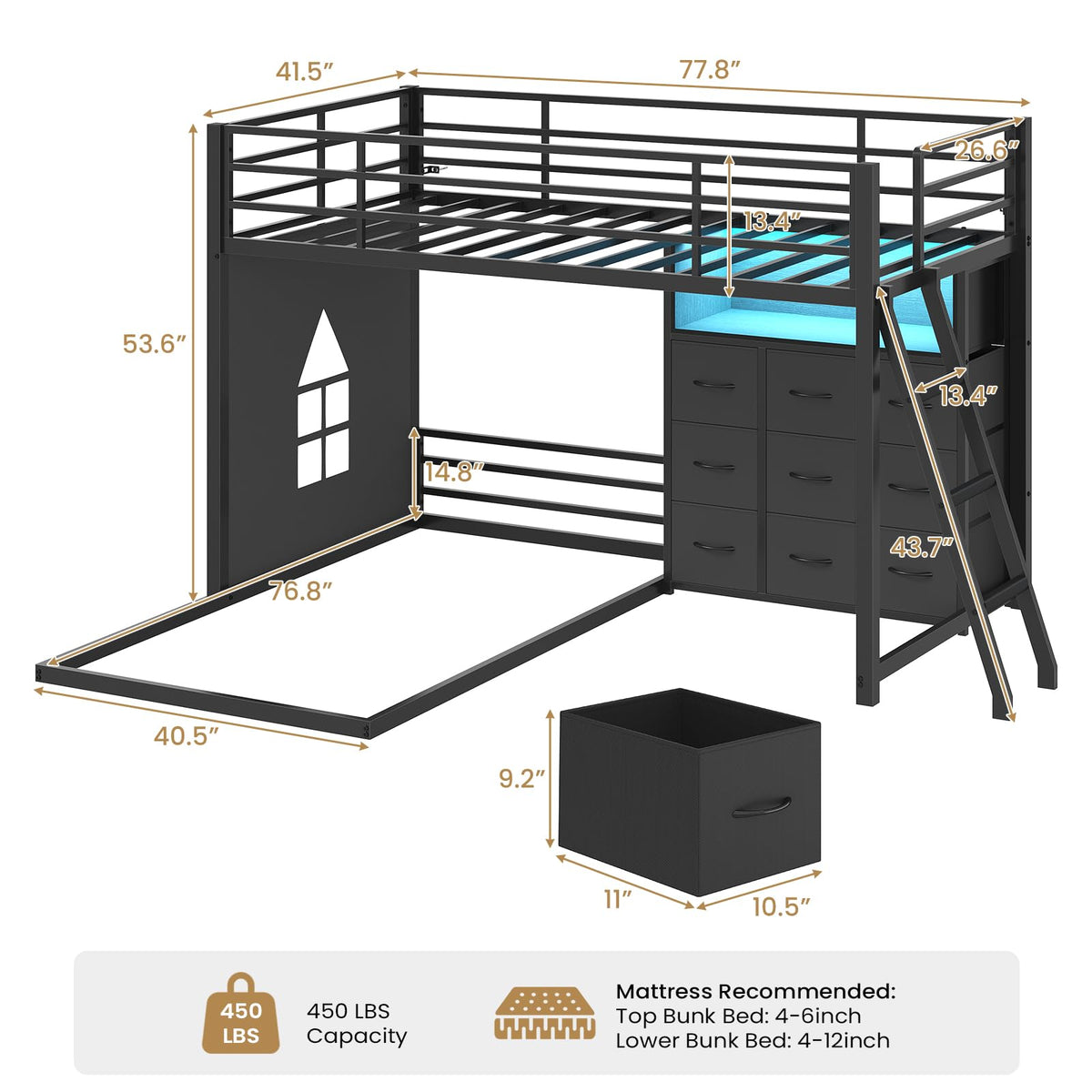 Twin Over Twin L-Shaped Bunk Bed with 9 Storage Drawers, LED Lights, Guardrail & Ladder, Black O18962