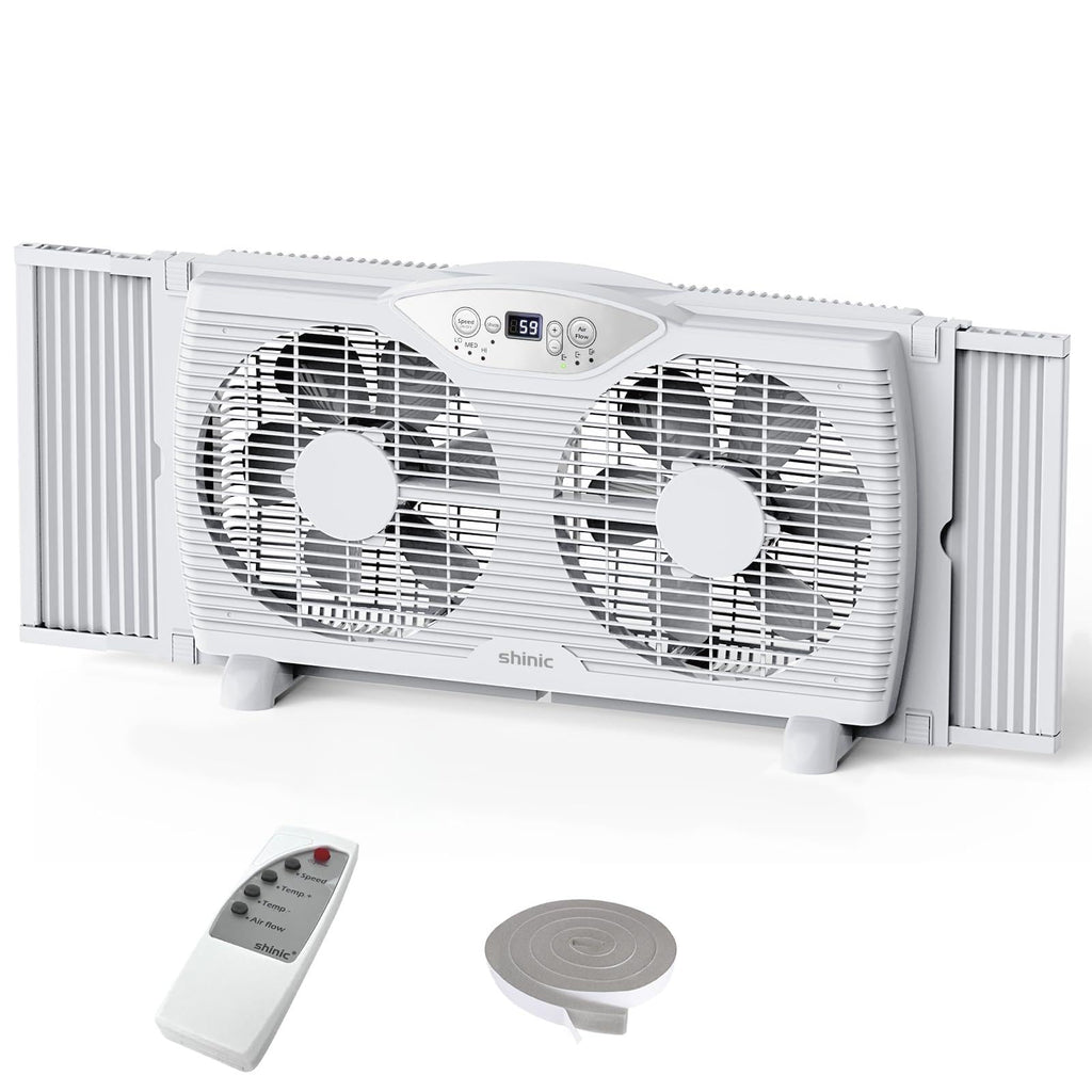 Twin Window Fan, 9-Inch Blades Reversible Airflow, Thermostat Control, 3 Speeds, 23.5"-37" Expandable Width X31684