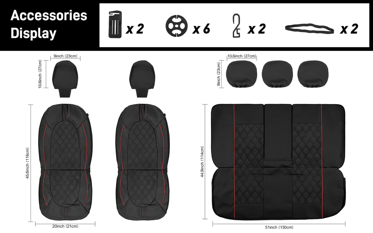 PU Leather Car Seat Covers Full Set Waterproof Split Bench Black Red M739