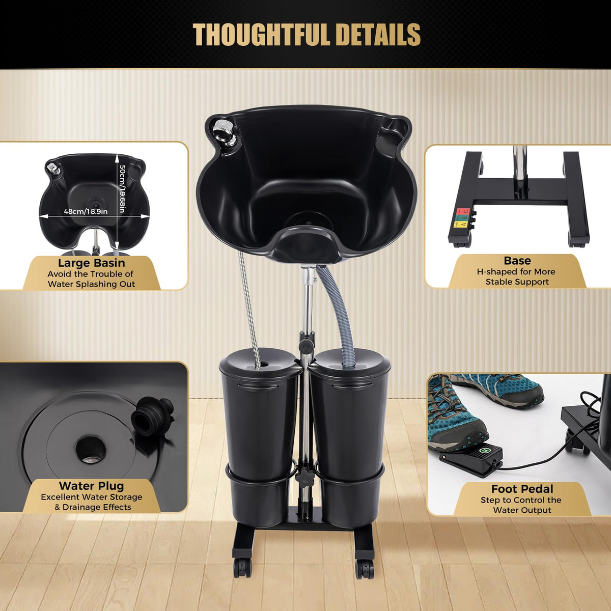 Portable Shampoo Bowl with 2 Buckets, Electric Pump, Drain Hose, 4 Wheels O4103