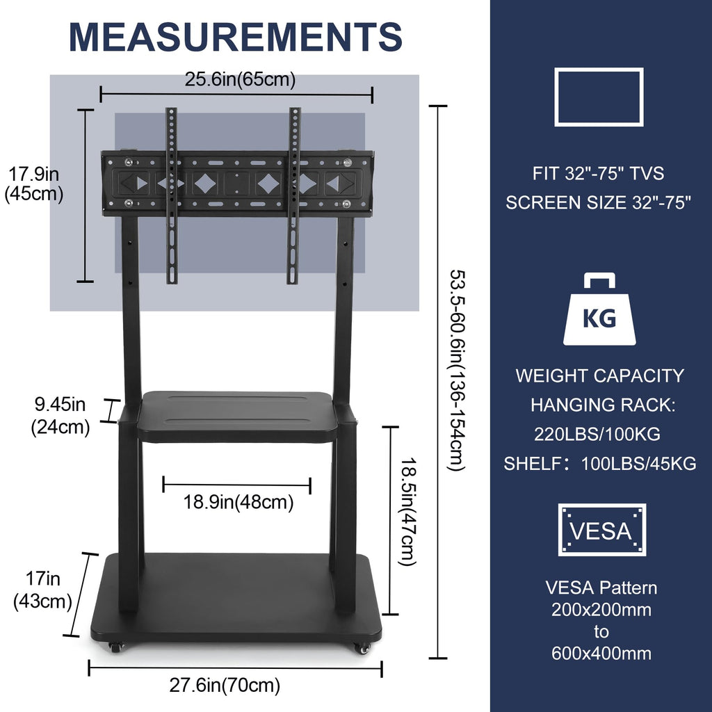 Rolling TV Stand with Wheels for 32-75 Inch Flat Panel Screens with Shelf B6467