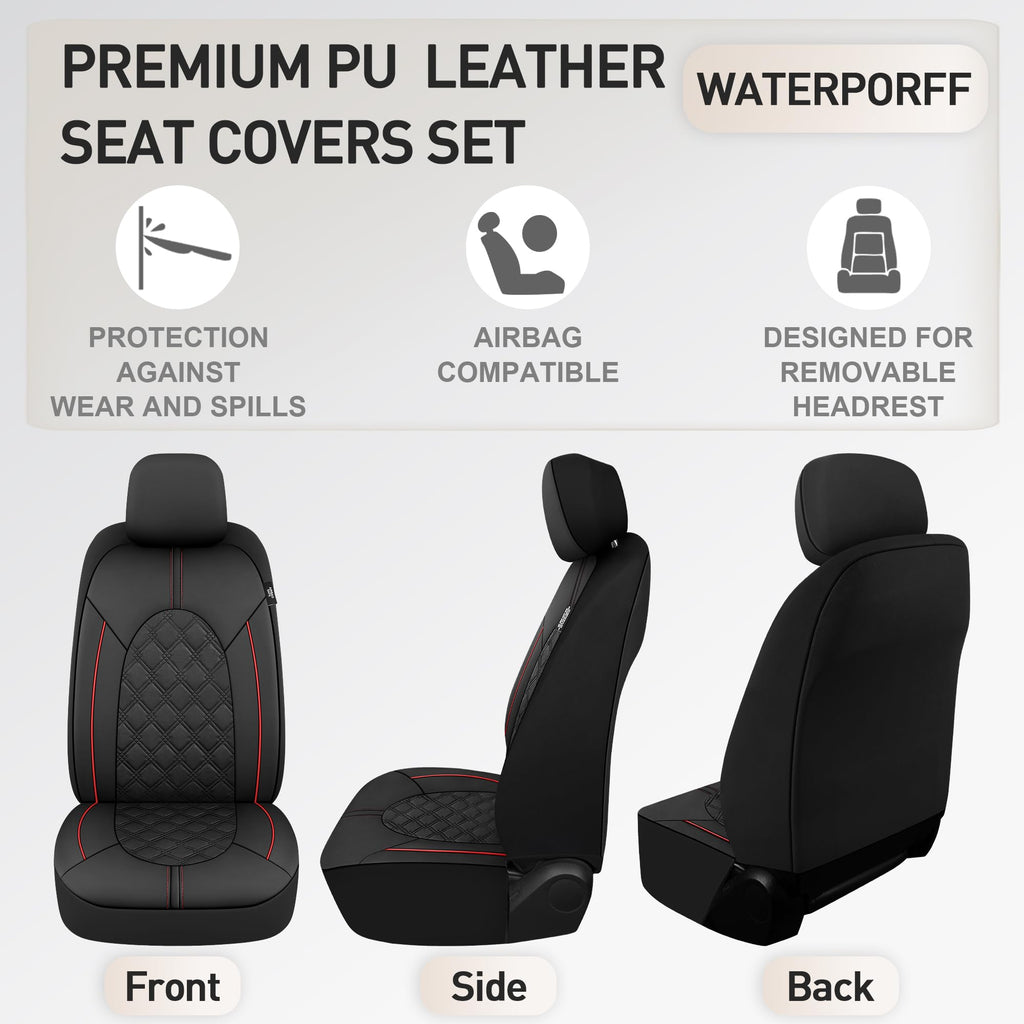 PU Leather Car Seat Covers Full Set Waterproof Split Bench Black Red M739