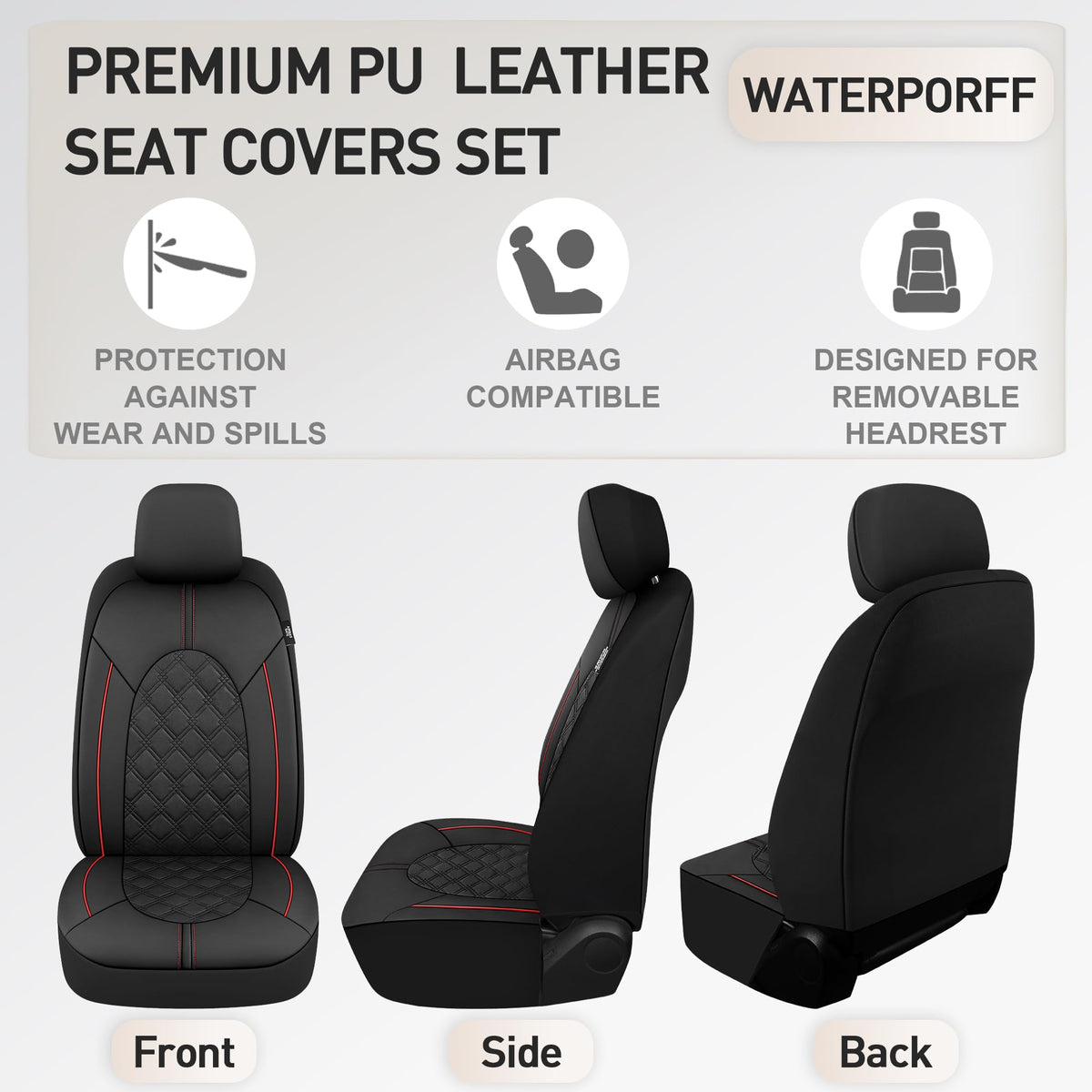 PU Leather Car Seat Covers Full Set Waterproof Split Bench Black Red M739