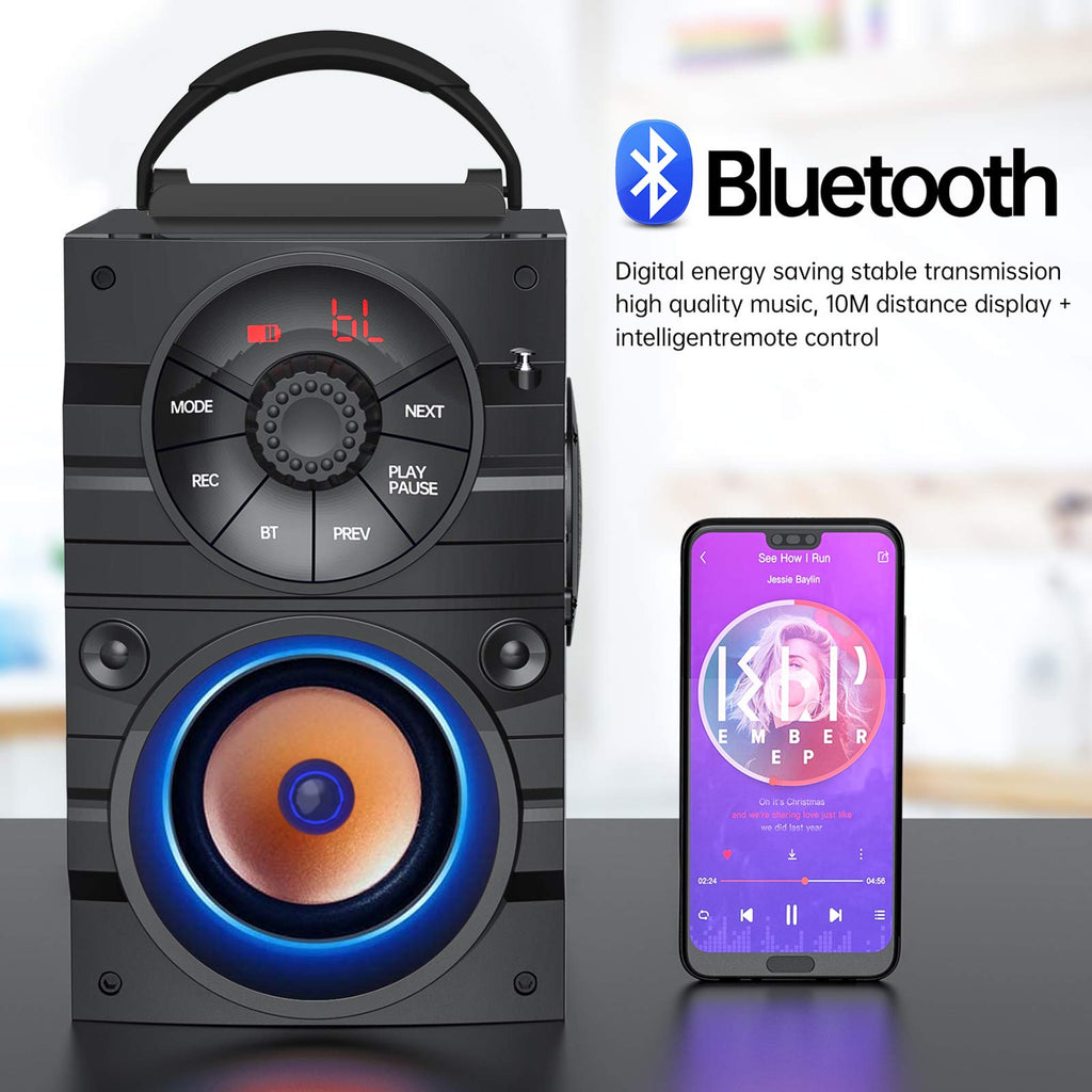 Portable Big Bluetooth Speakers with Light, Wireless with Subwoofer, FM Radio, LED Lights, EQ, Booming Bass, Bluetooth 4.2 Stereo Loud Outdoor/Indoor Retro, for Home, Camping, Travel, Black H58016