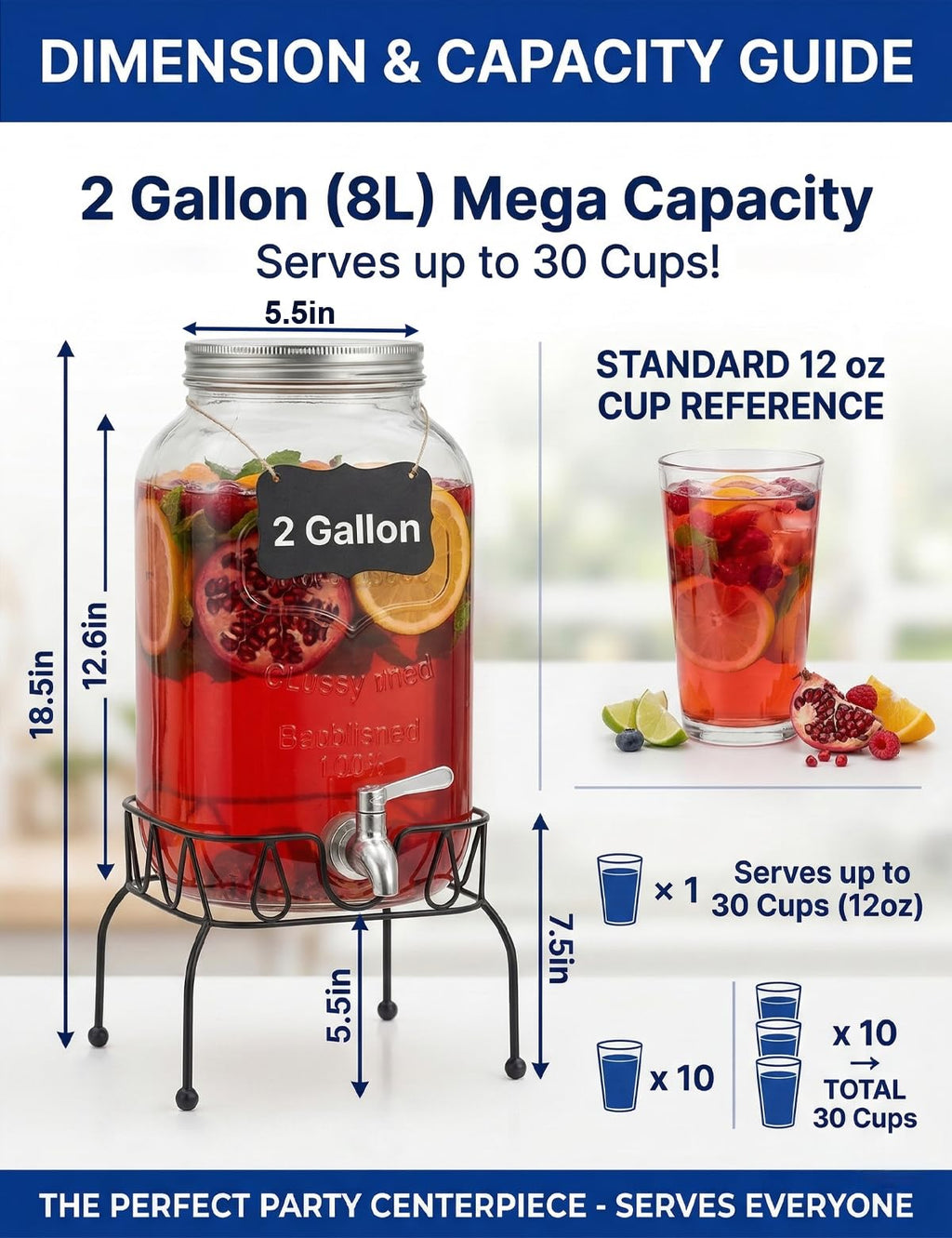 2 Gallon Glass Drink Dispenser with Stand and Lid Q360