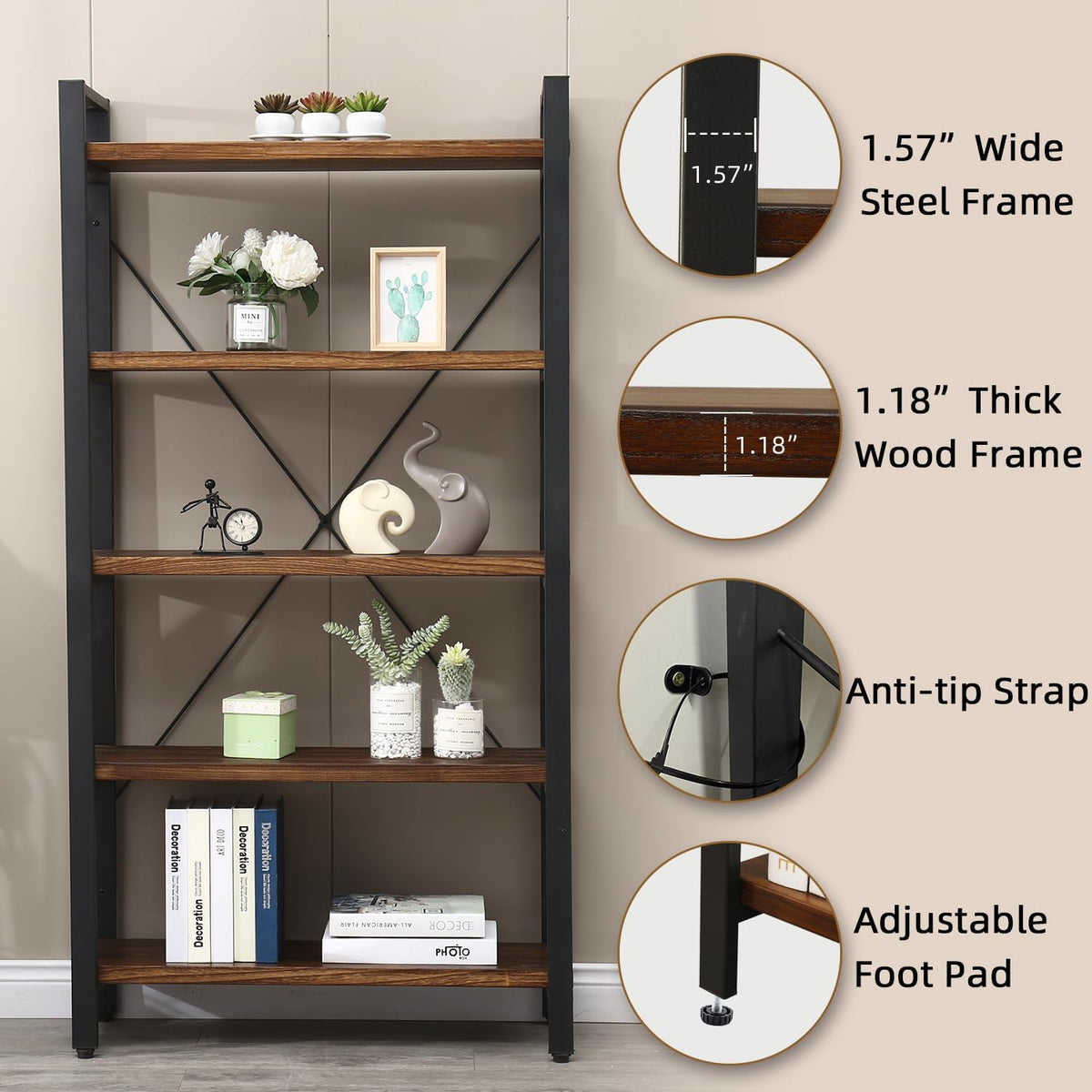 5 Tier Solid Wood Metal Bookcase C155