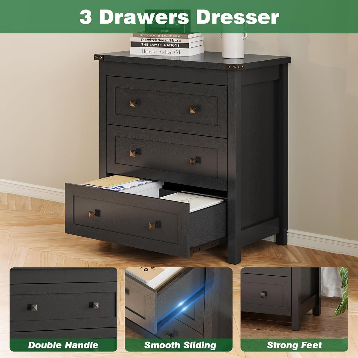 27.6" Wide Black 3 Drawer Wood Nightstand F30675