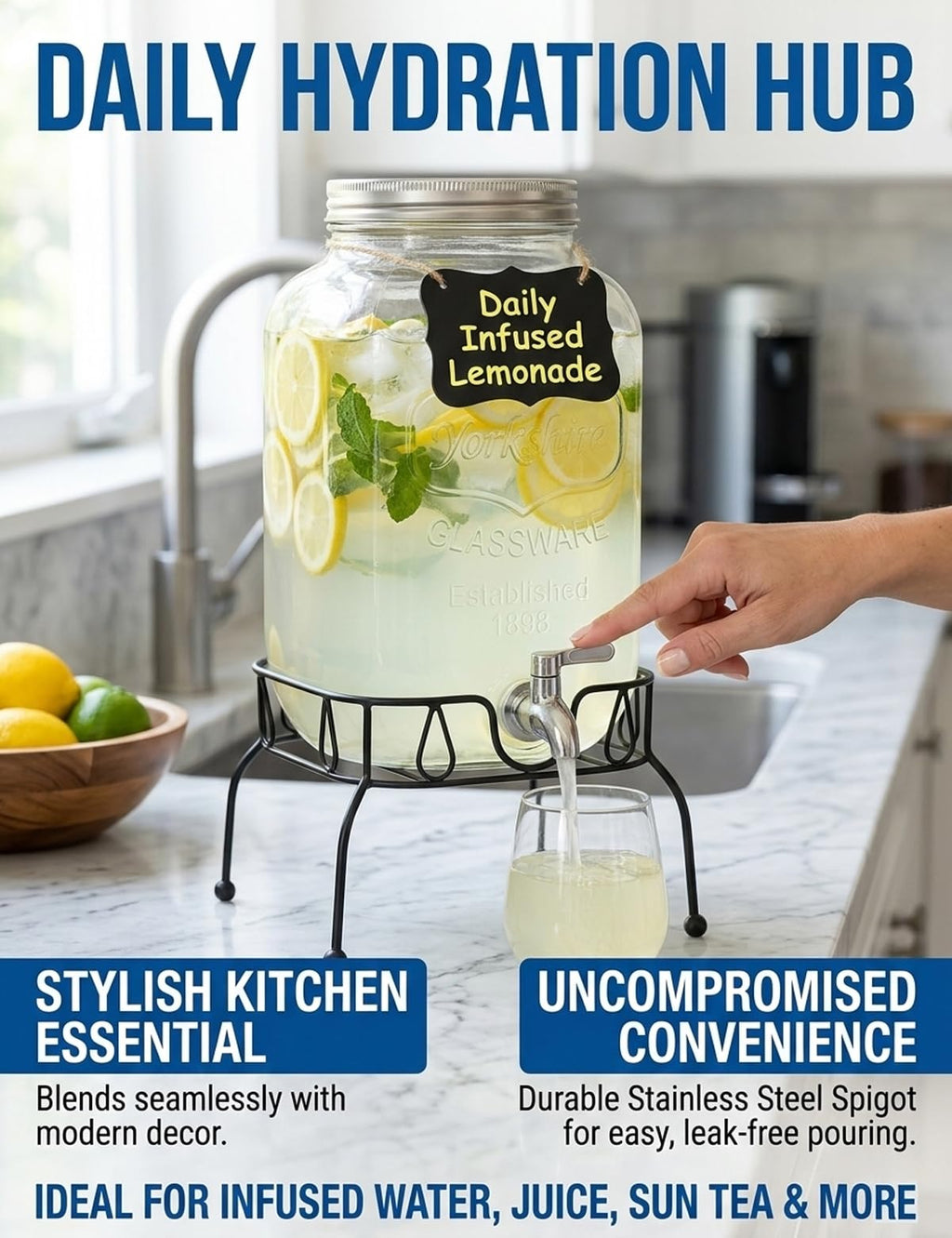2 Gallon Glass Drink Dispenser with Stand and Lid Q360