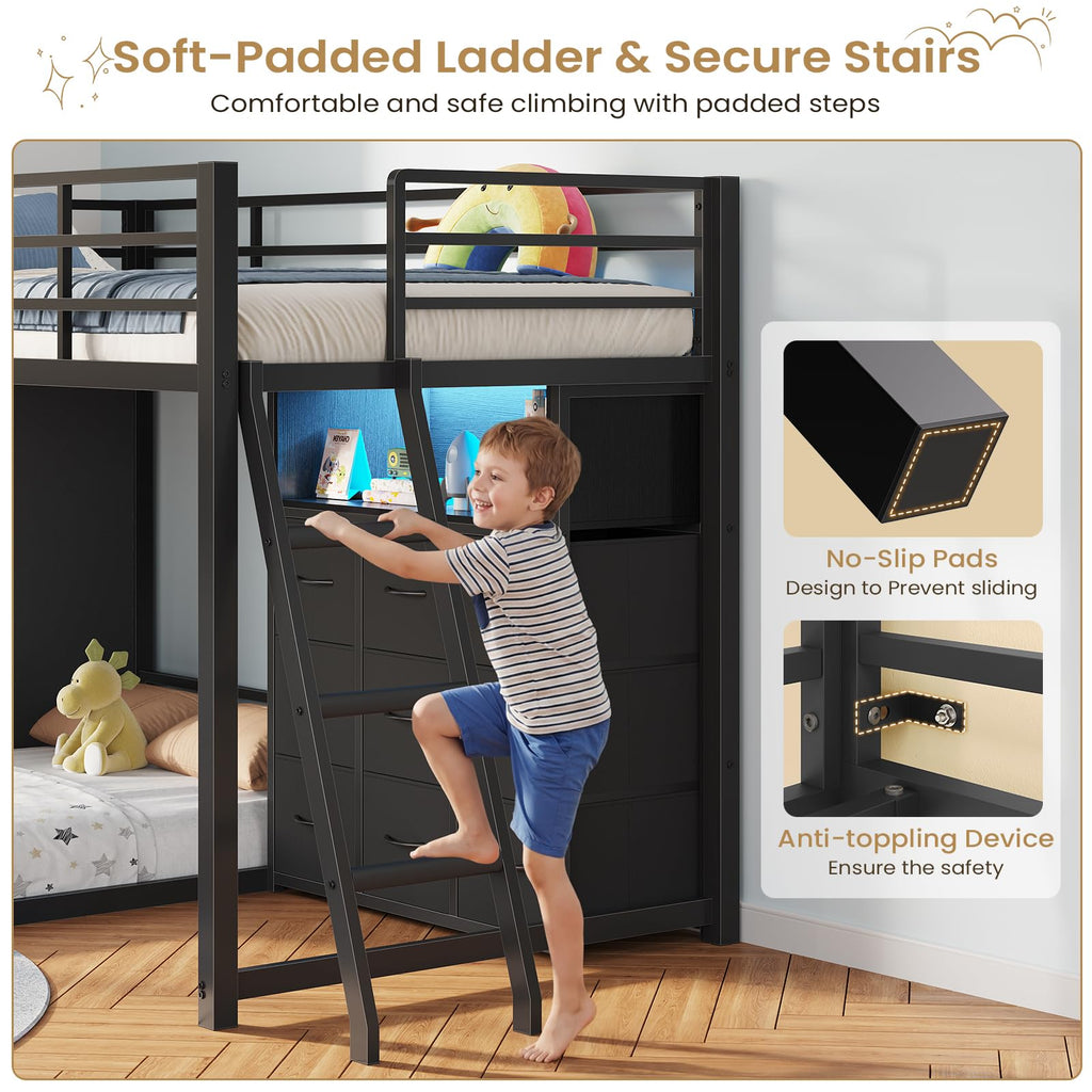 Twin Over Twin L-Shaped Bunk Bed with 9 Storage Drawers, LED Lights, Guardrail & Ladder, Black O18962