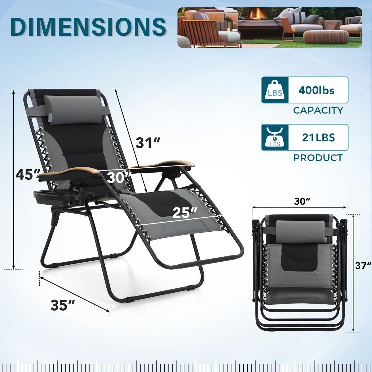 Grey Set of 2 Padded Zero Gravity Chair J30429