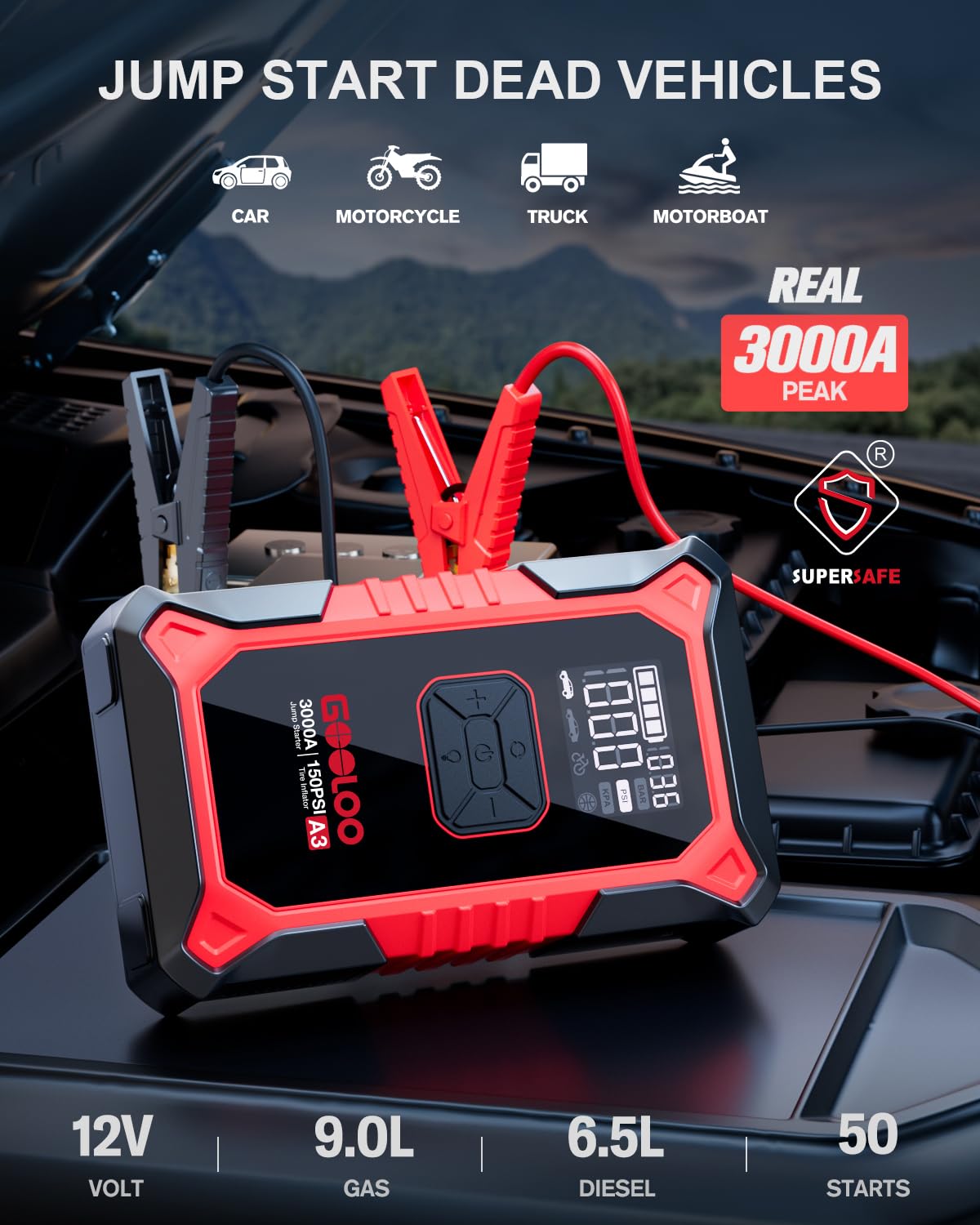 12V 3000A Portable Jump Starter with Air Compressor E97750