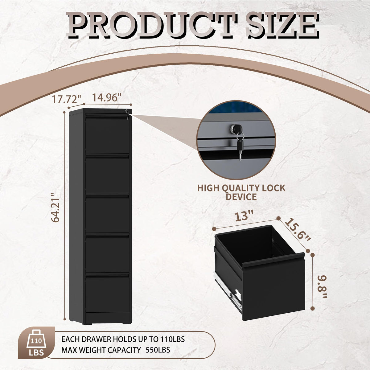 5 Drawer Black Filing Cabinet with Lock U6053