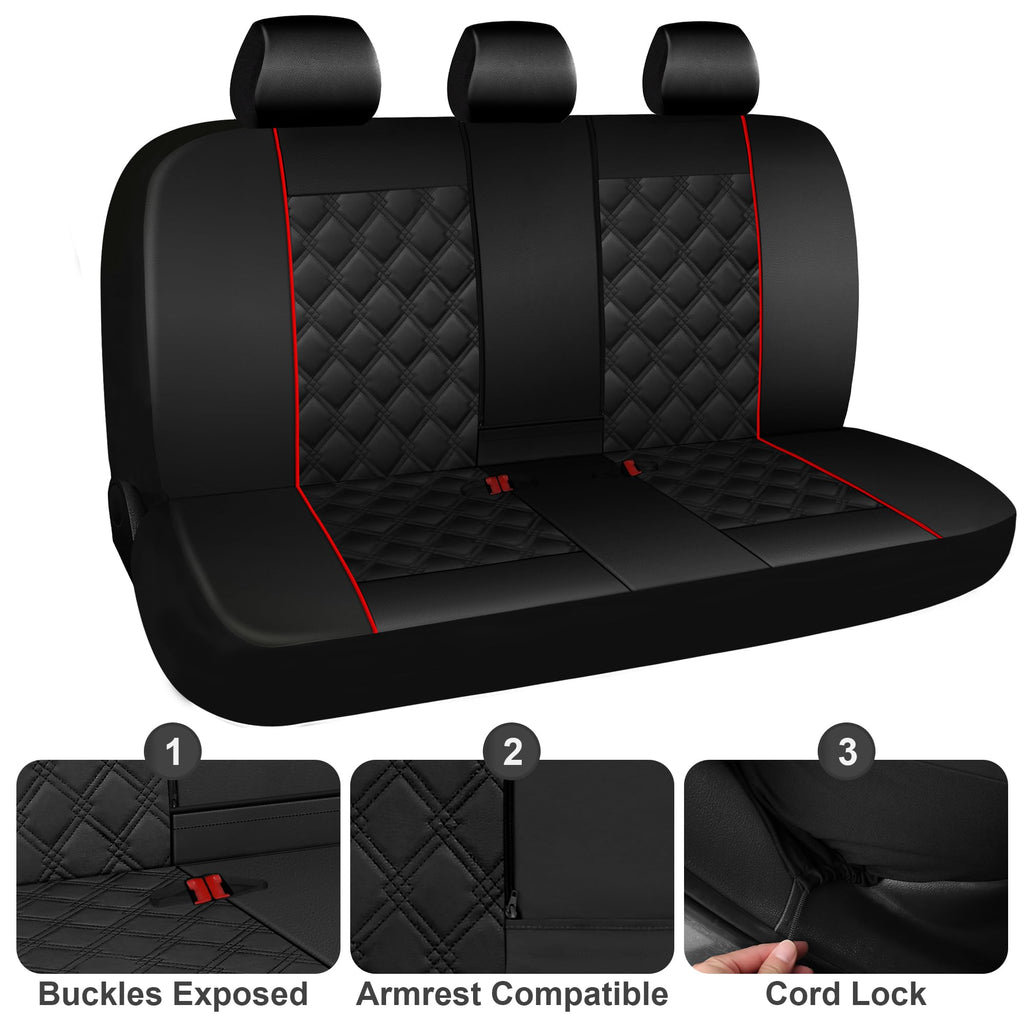 PU Leather Car Seat Covers Full Set Waterproof Split Bench Black Red M739