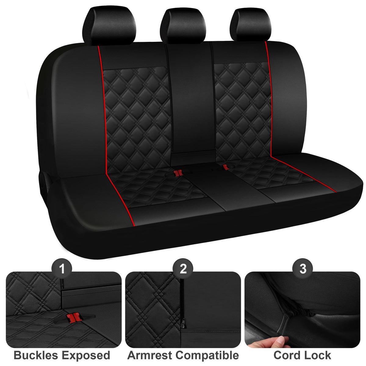 PU Leather Car Seat Covers Full Set Waterproof Split Bench Black Red M739