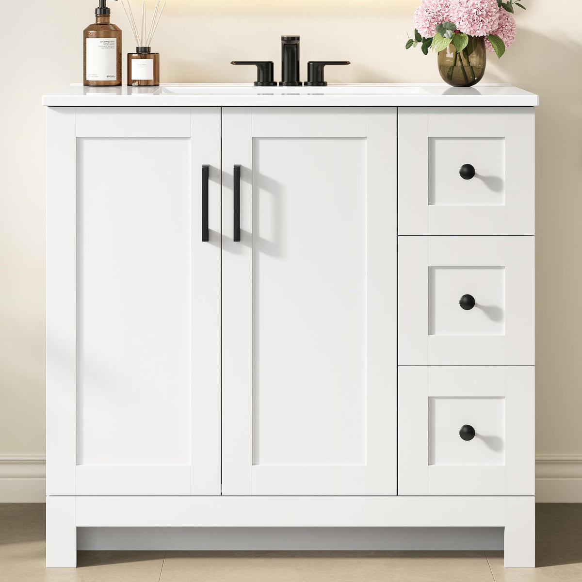 36" White Bathroom Vanity with Sink, 2 Soft-Close Drawers & Doors C87506