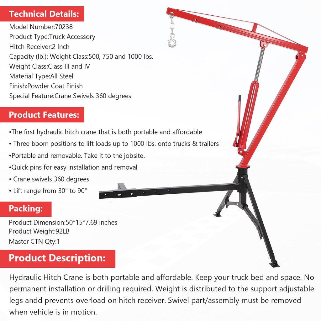 1000lbs Hydraulic Pickup Truck Crane, 360° Swivel Hitch Receiver Mounted with Adjustable Boom G1968