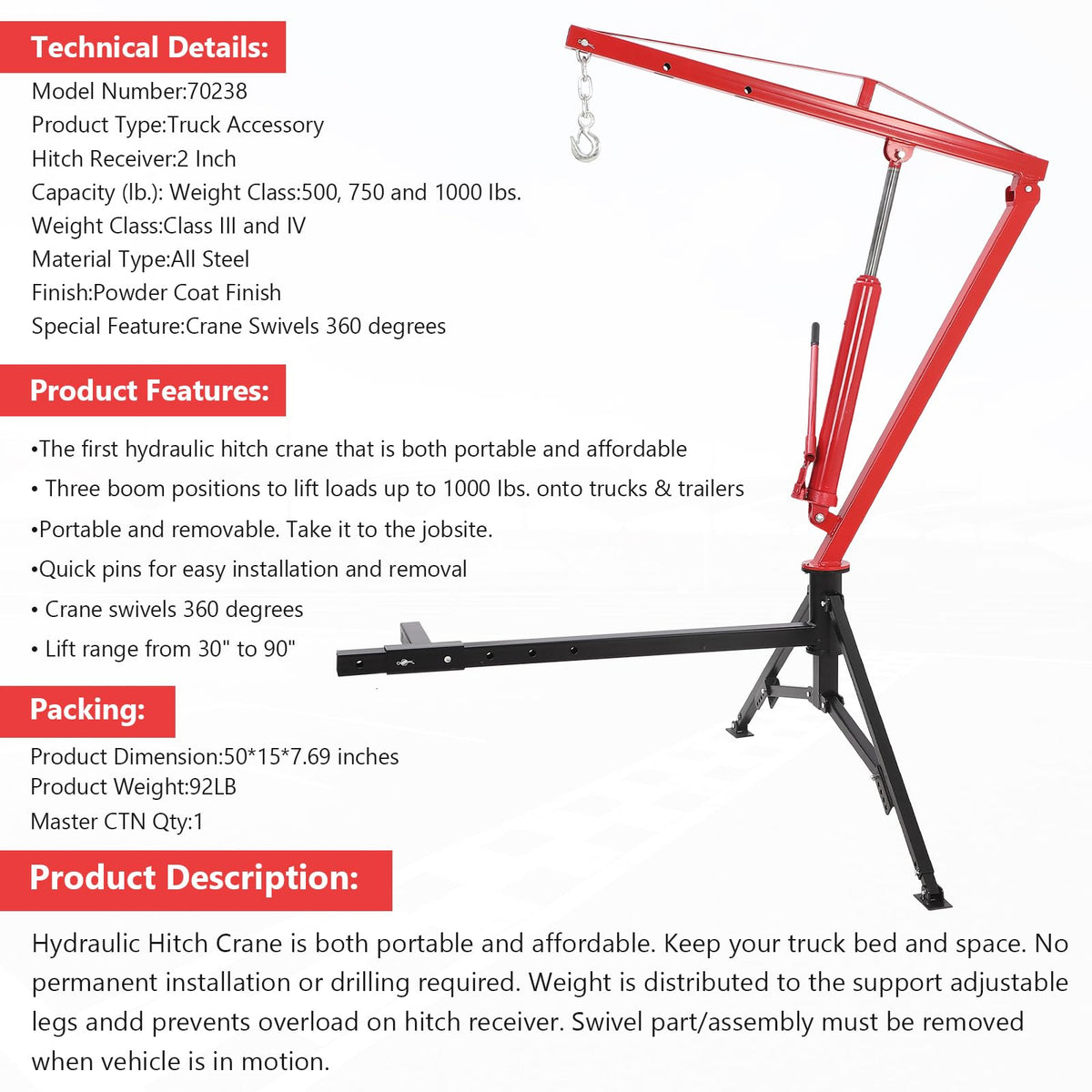 1000lbs Hydraulic Pickup Truck Crane, 360° Swivel Hitch Receiver Mounted with Adjustable Boom G1968