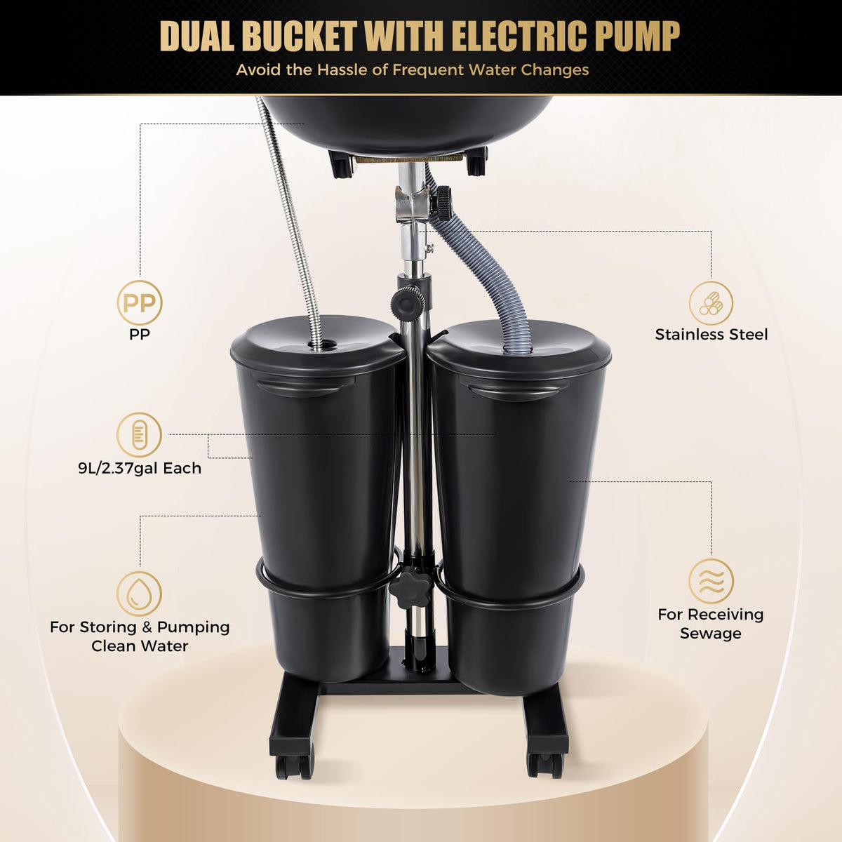 Portable Shampoo Bowl with 2 Buckets, Electric Pump, Drain Hose, 4 Wheels O4103