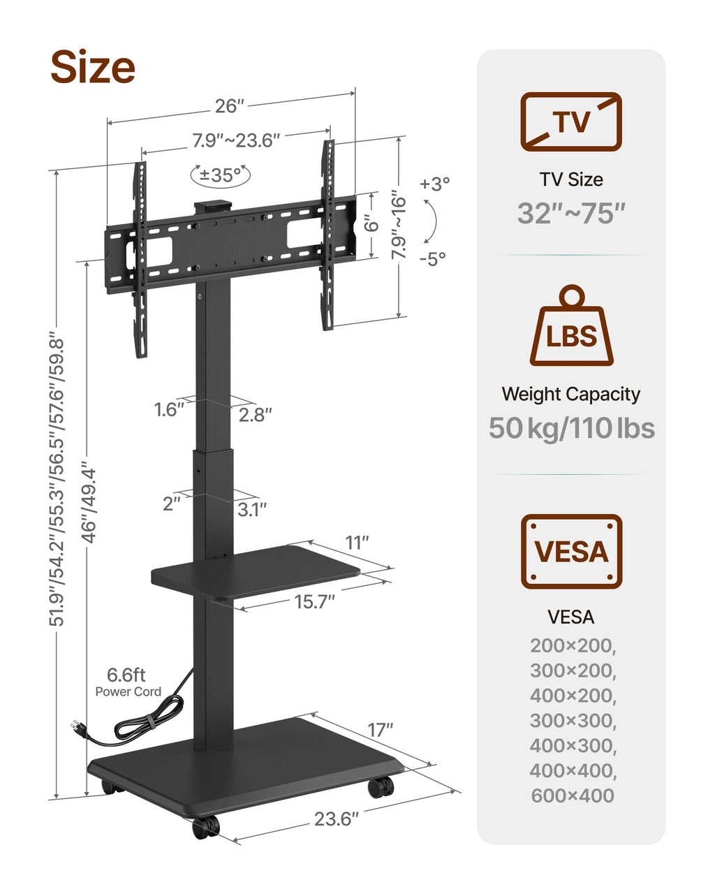 Rolling TV Stand with Power Outlet for 32-75 inch TVs M679524
