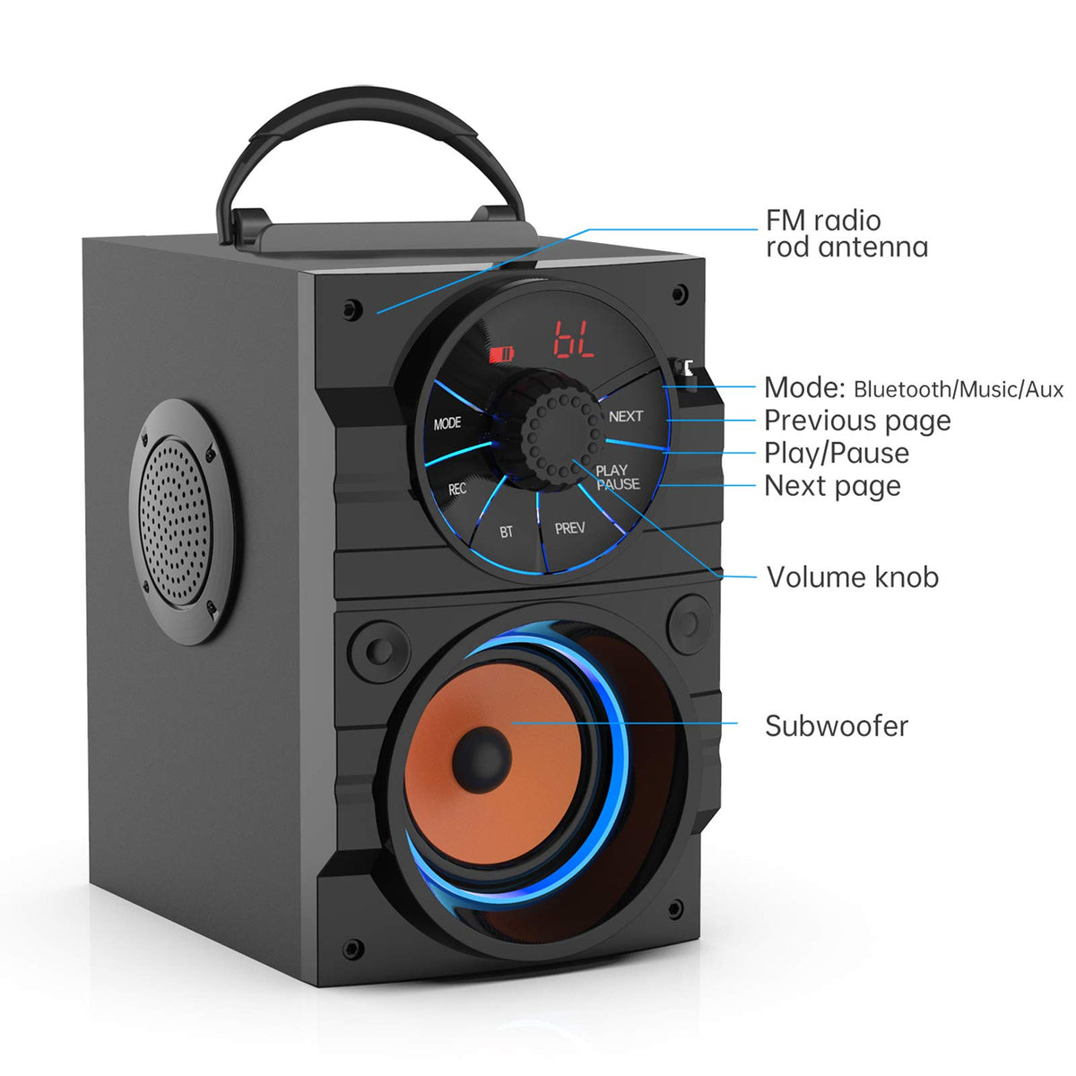 Portable Big Bluetooth Speakers with Light, Wireless with Subwoofer, FM Radio, LED Lights, EQ, Booming Bass, Bluetooth 4.2 Stereo Loud Outdoor/Indoor Retro, for Home, Camping, Travel, Black H58016