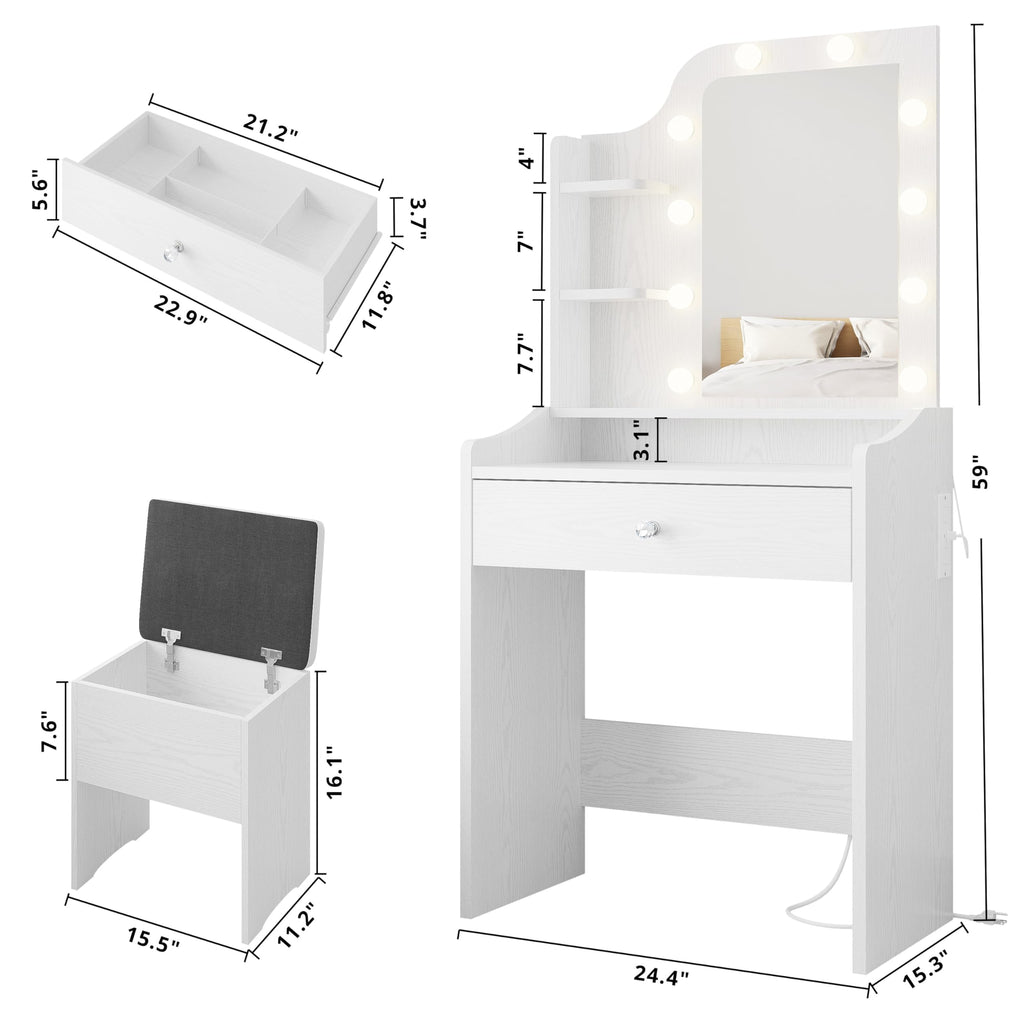 White Vanity Desk with Mirror and Storage Stool F8049