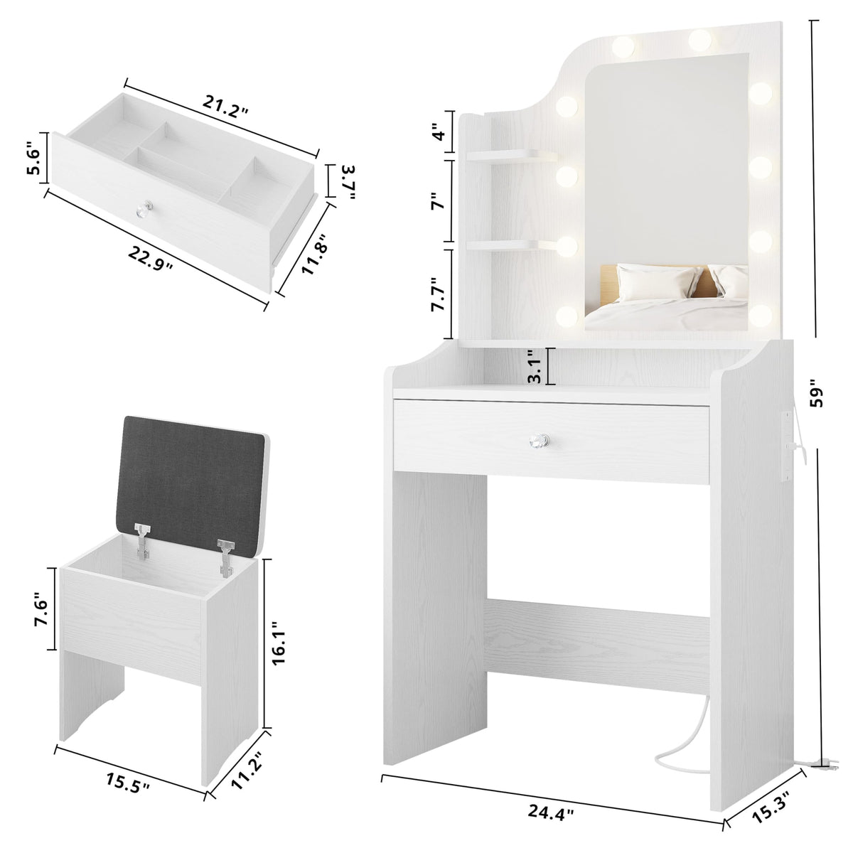 White Vanity Desk with Mirror and Storage Stool F8049