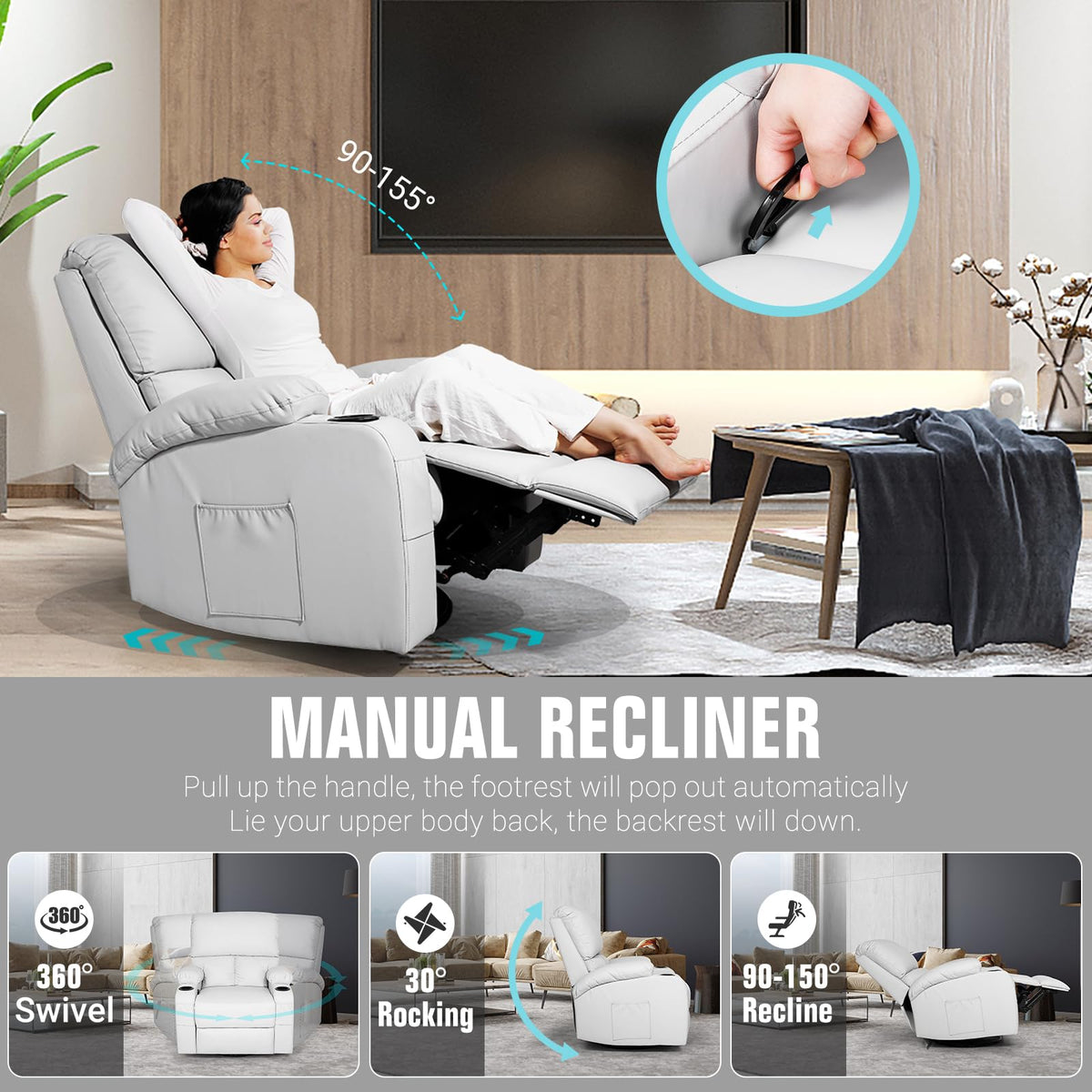 Grey Massage Rocking Recliner Chair with Heat and USB S44687