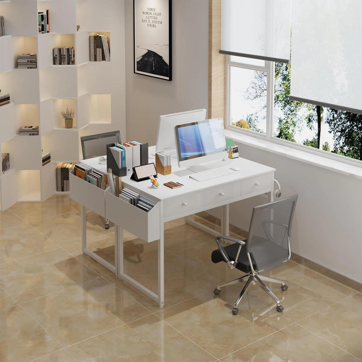 White 40 Inch Computer Desk with Drawers E8582