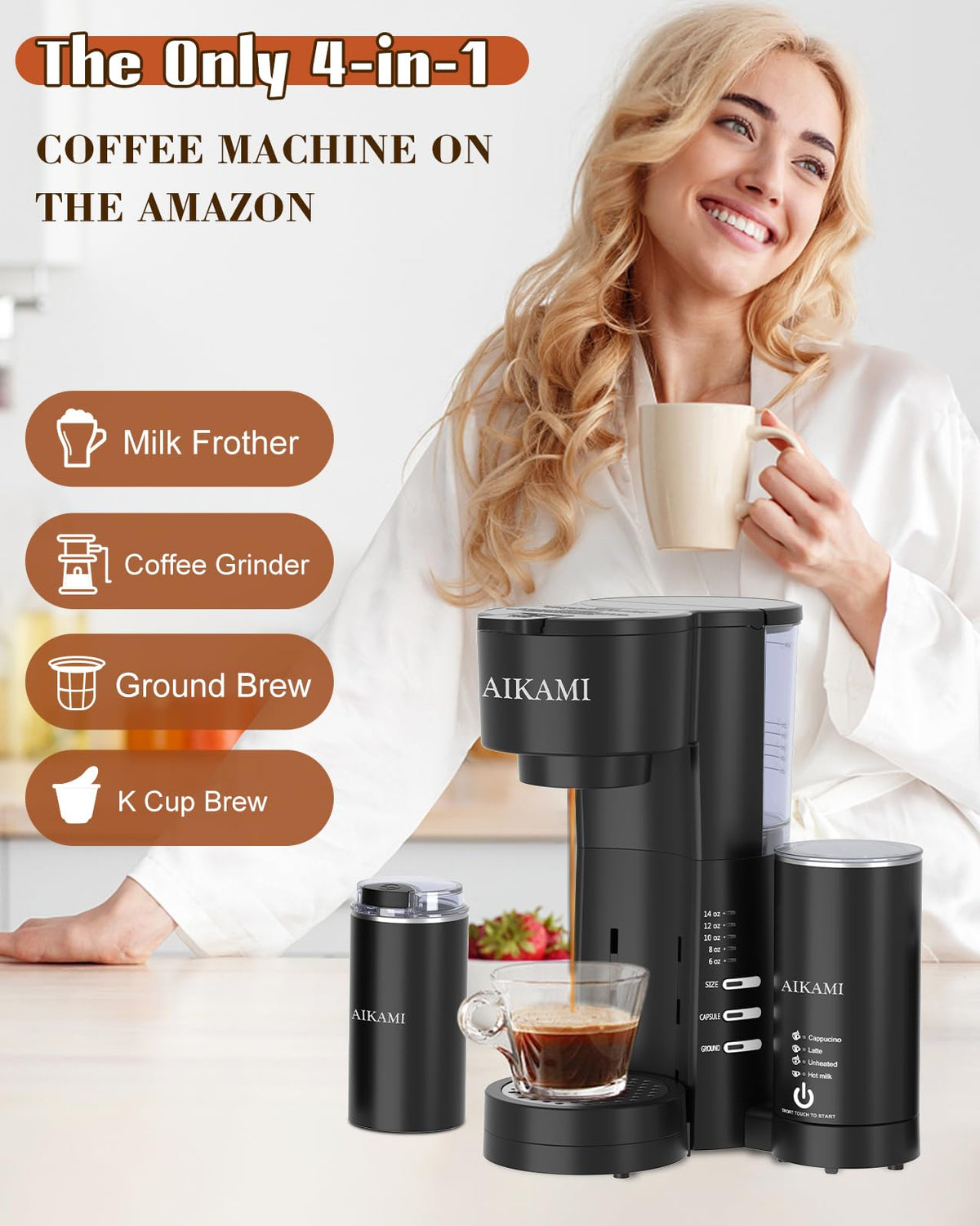 4 IN 1 Single Serve Coffee Maker with Milk Frother and Coffee Grinder J569