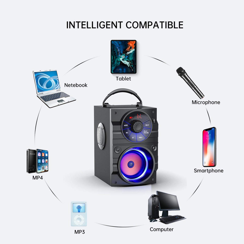 Portable Big Bluetooth Speakers with Light, Wireless with Subwoofer, FM Radio, LED Lights, EQ, Booming Bass, Bluetooth 4.2 Stereo Loud Outdoor/Indoor Retro, for Home, Camping, Travel, Black H58016