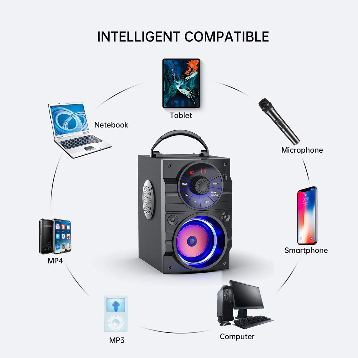 Portable Big Bluetooth Speakers with Light, Wireless with Subwoofer, FM Radio, LED Lights, EQ, Booming Bass, Bluetooth 4.2 Stereo Loud Outdoor/Indoor Retro, for Home, Camping, Travel, Black H58016