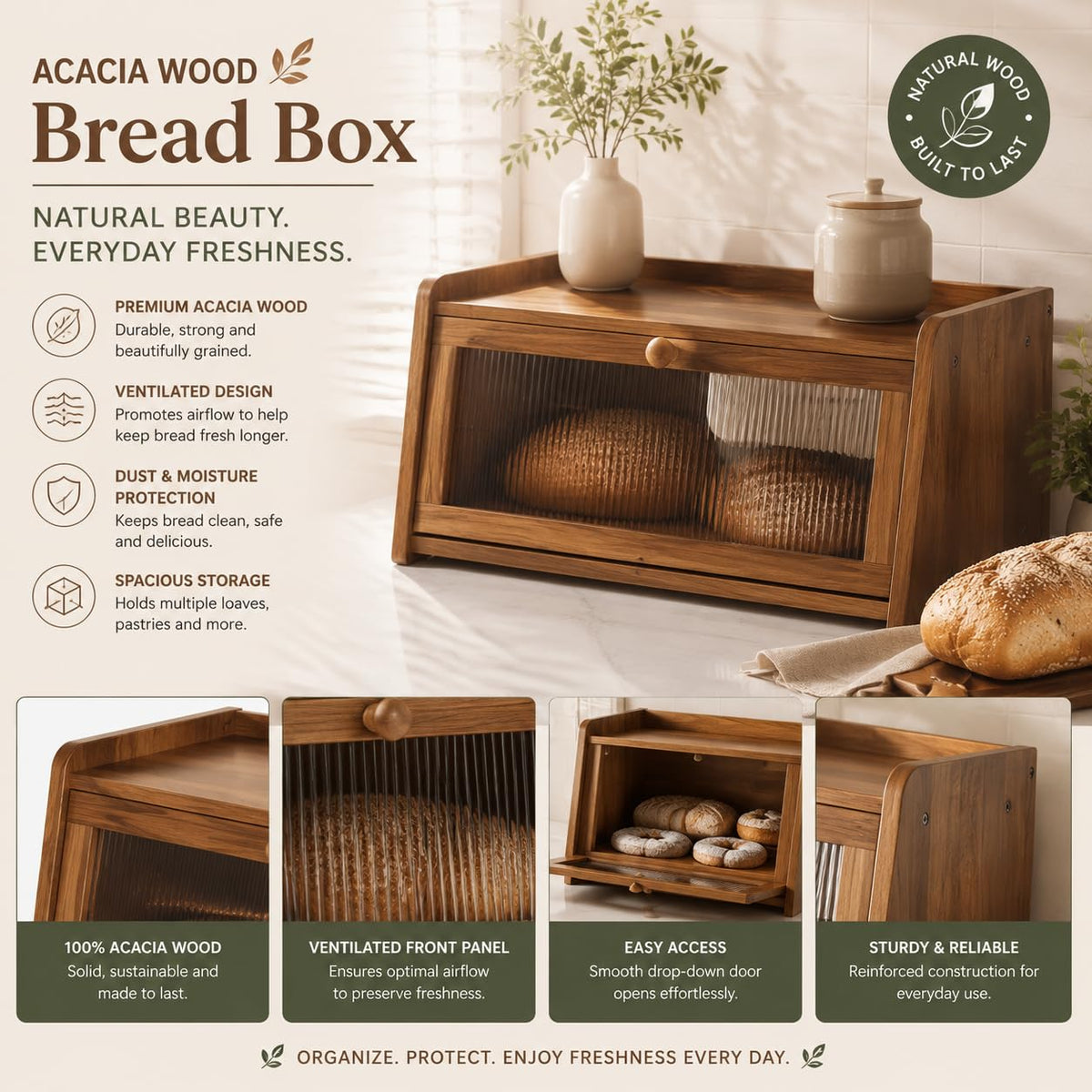 Acacia Wood Bread Box with Acrylic Window Y120711