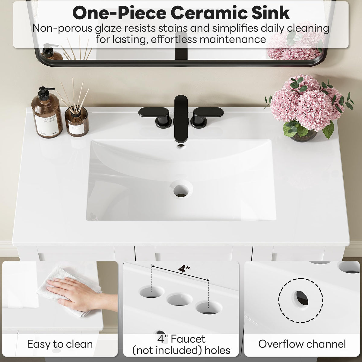 36" White Bathroom Vanity with Sink, 2 Soft-Close Drawers & Doors C87506